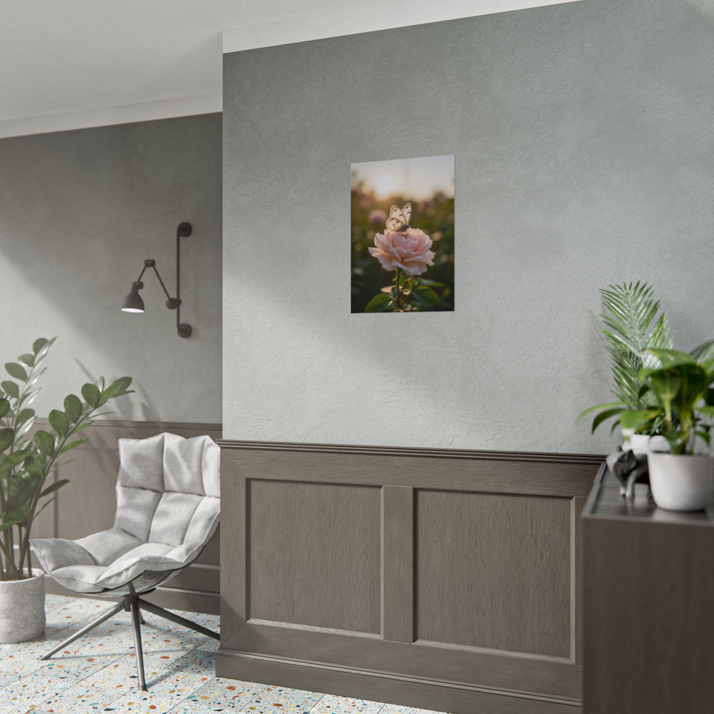 Butterfly on Pink Rose Wall Art - Poster
