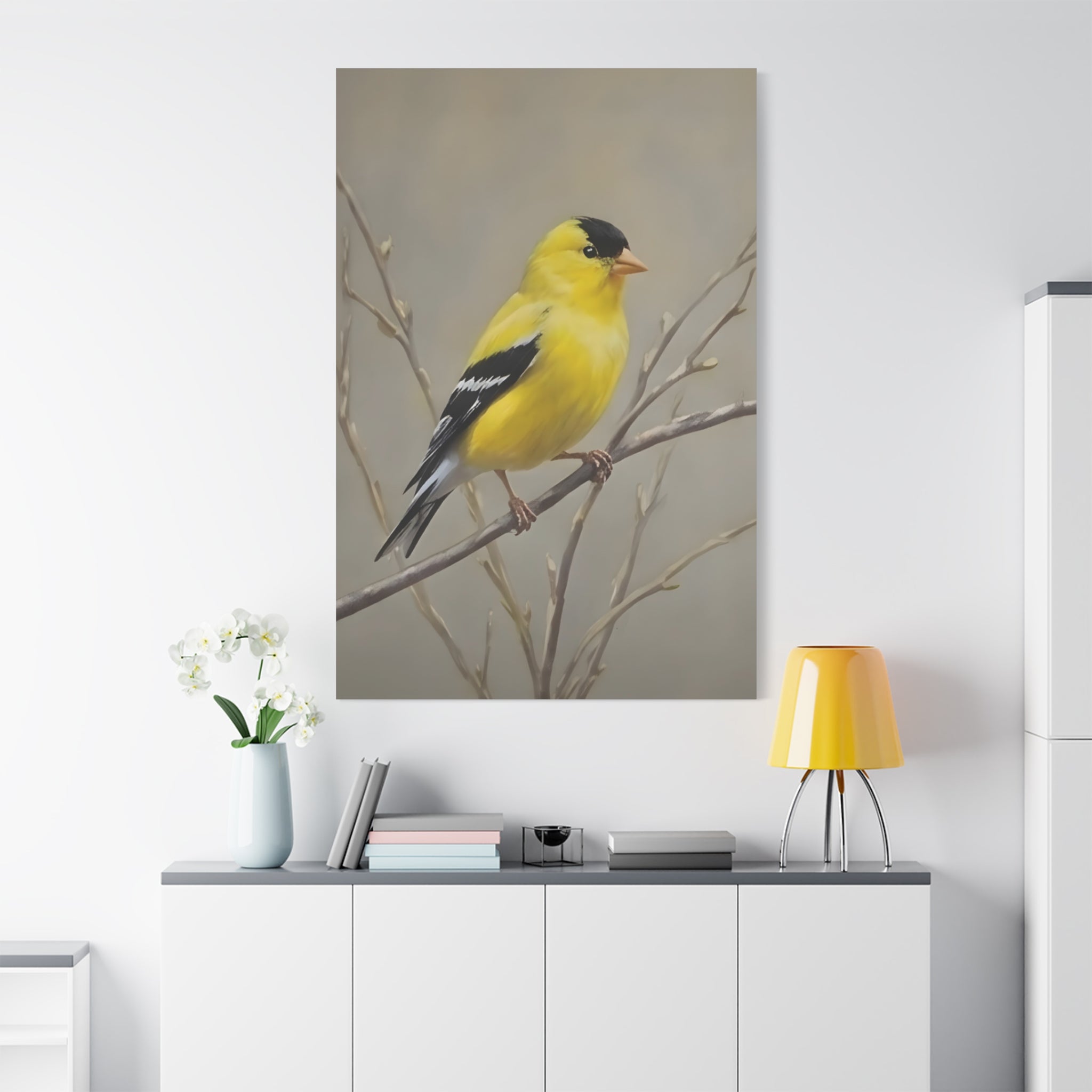 Putter Muurkunst Canvas — Gele Zangvogel Schilderij op Tak, Mat Gespannen Canvas