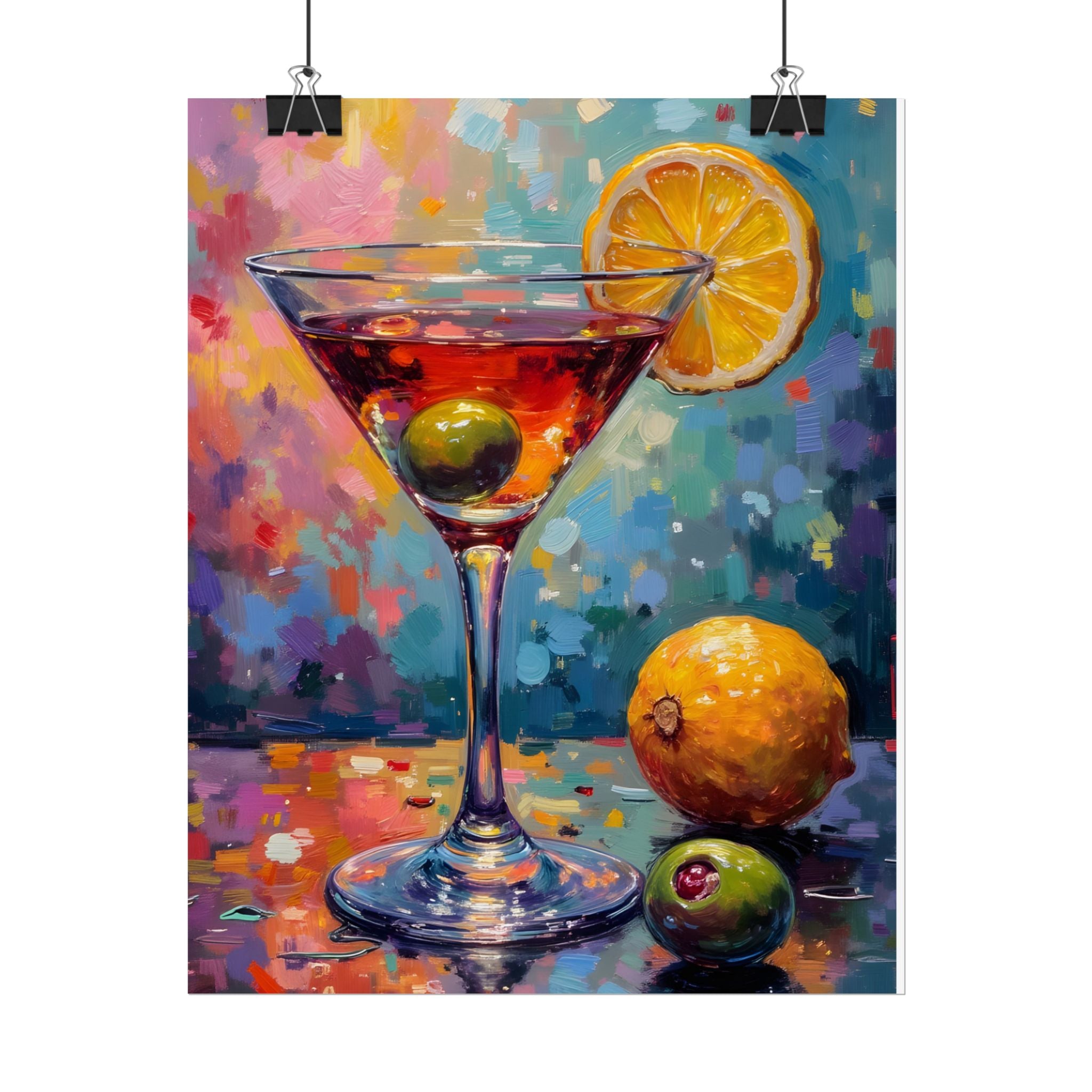 Colorful martini glass with lemon and olive Wall Art - Poster