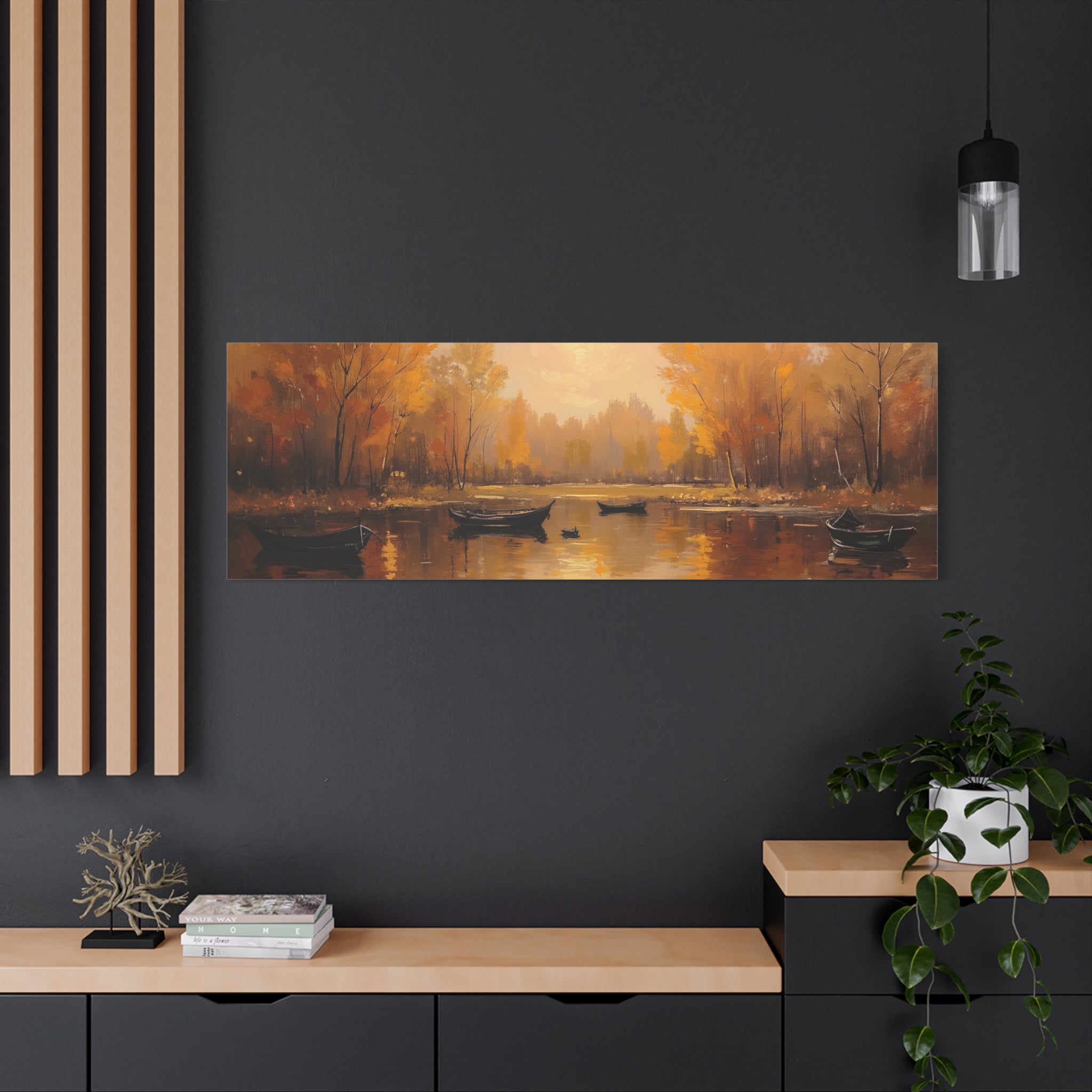 Autumn at the lake with rowboats Wall Art - Stretched Canvas