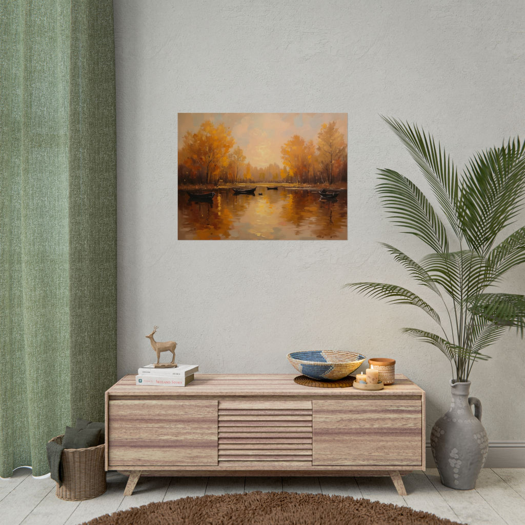 Autumn at the lake with rowboats - Poster