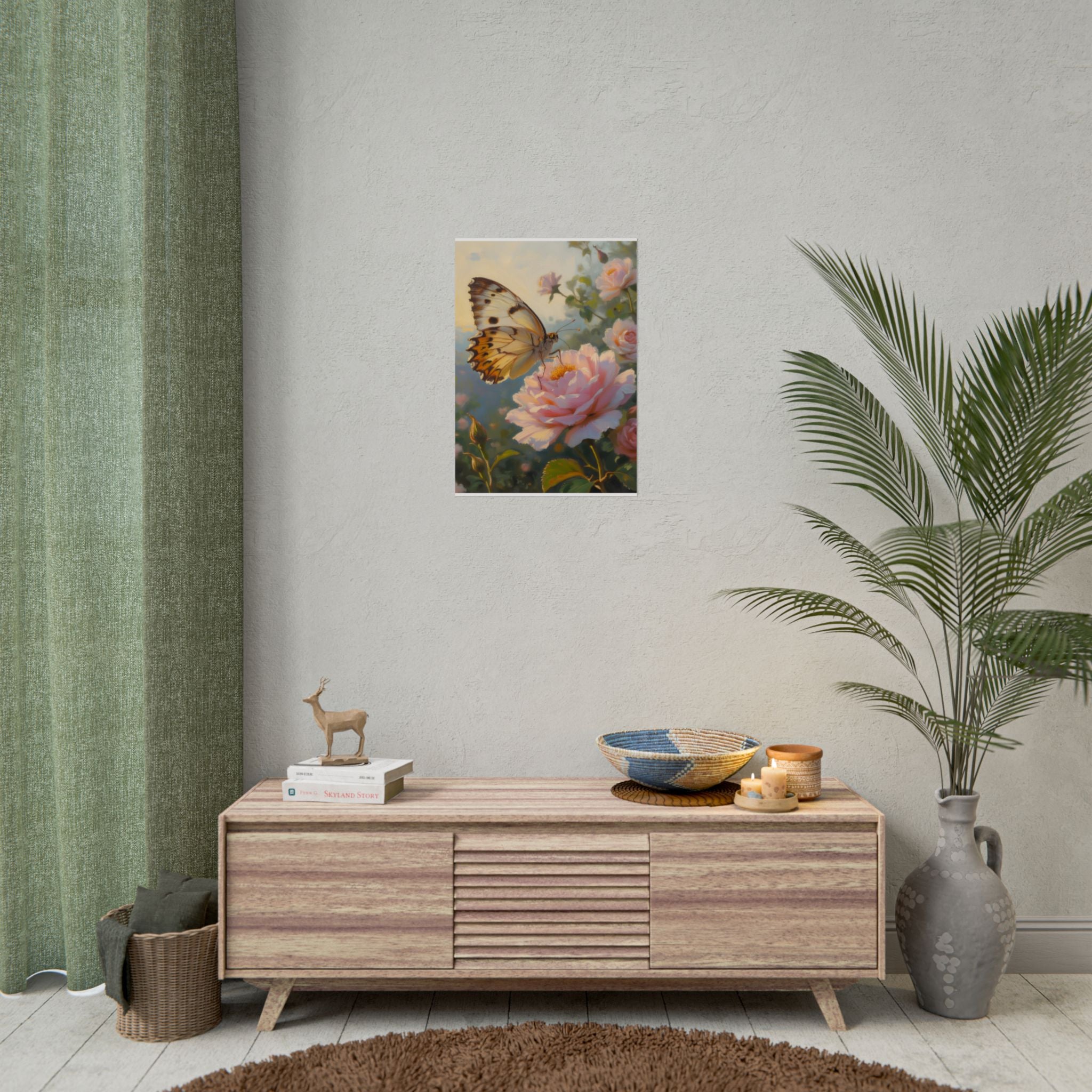Butterfly on Pink Rose Wall Art - Poster