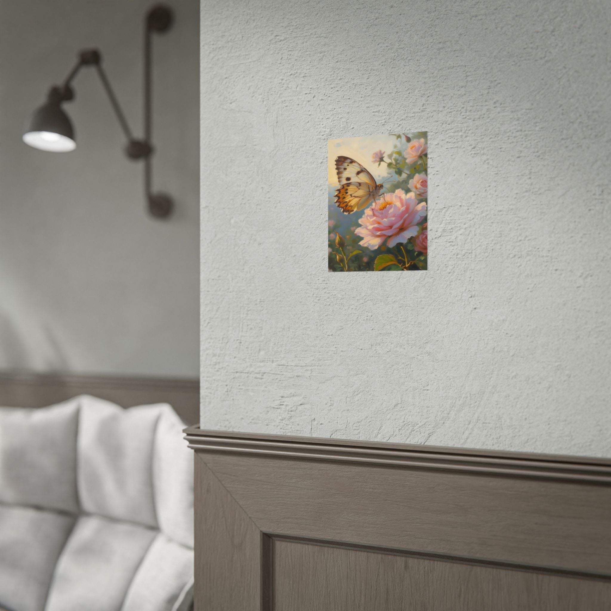 Butterfly on Pink Rose Wall Art - Poster