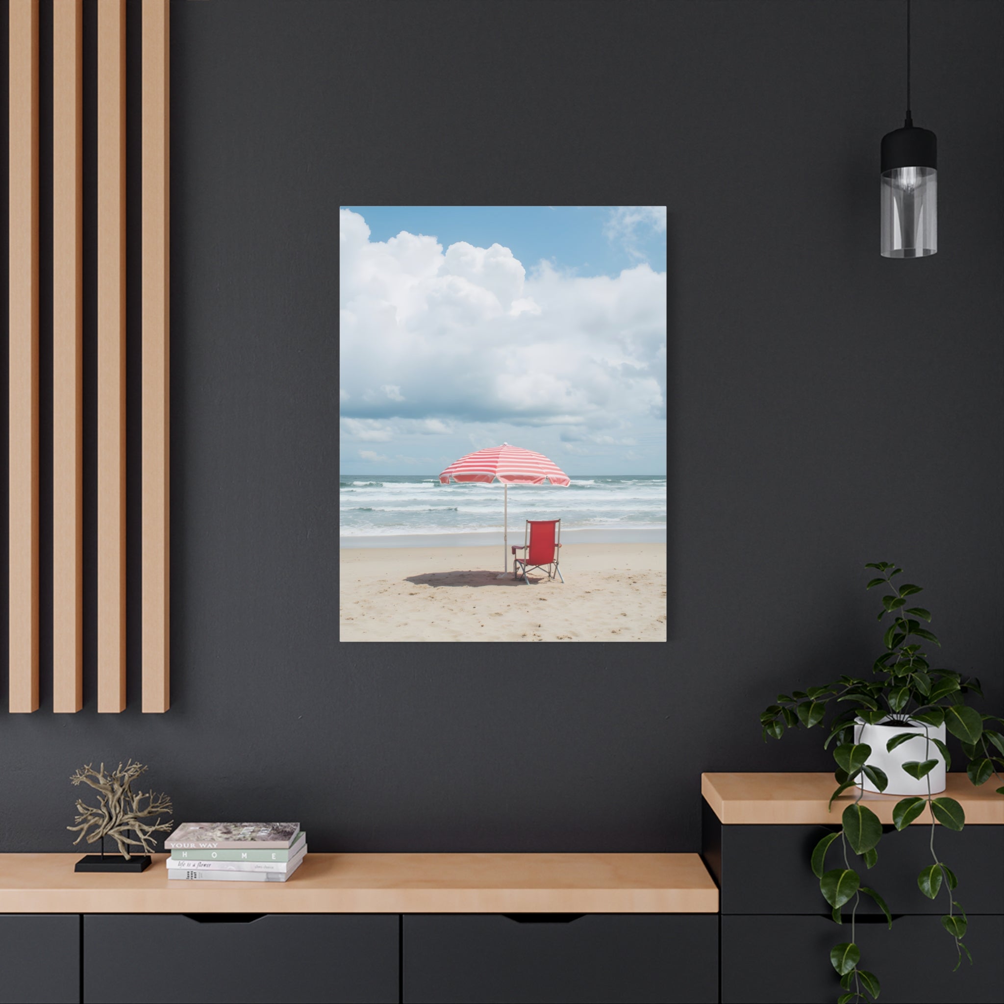 Sun-drenched beach memory with beach chair and umbrella Canvas Wall Art - Stretched Canvas