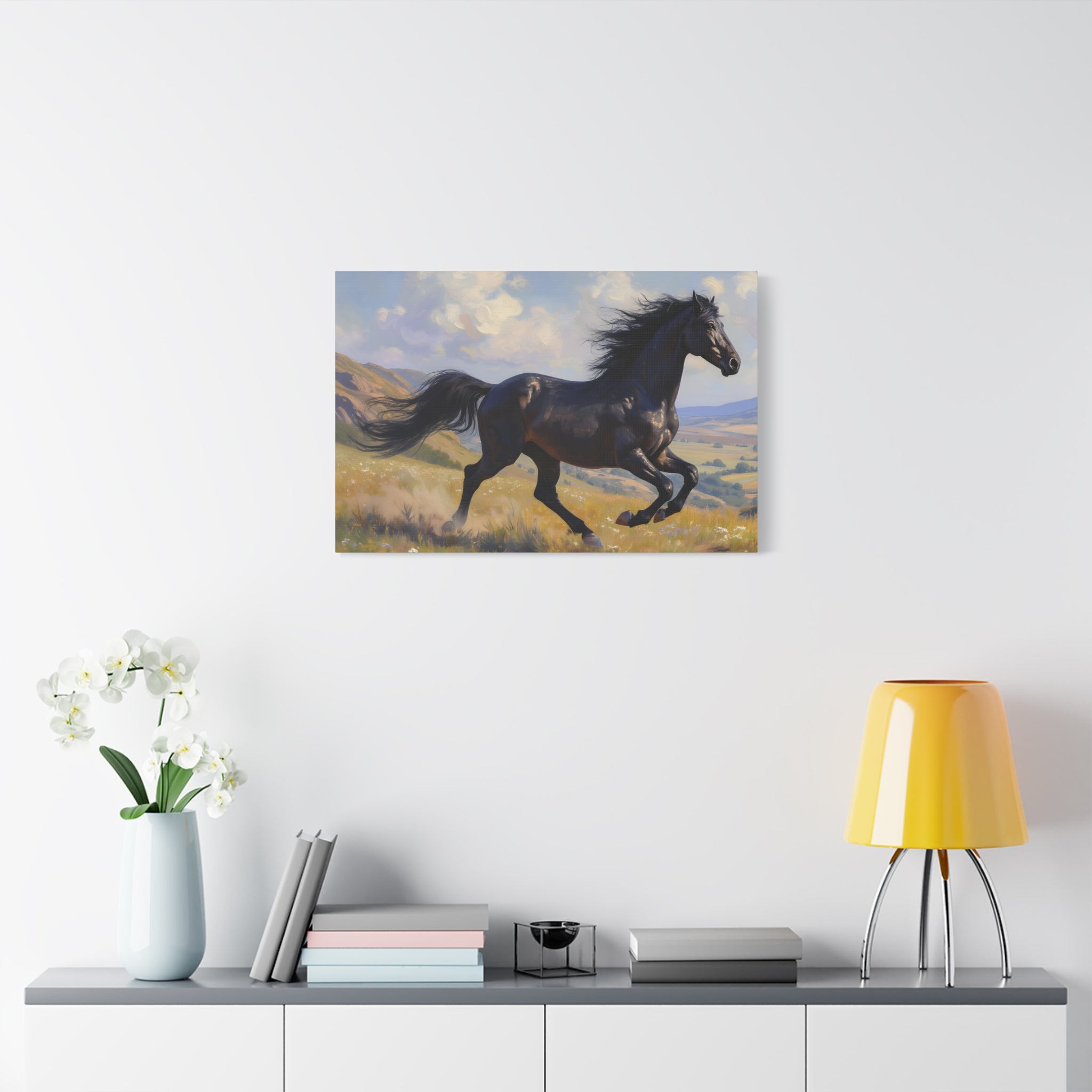 Running Black Stallion Wall Art - Horse Painting - Stretched Canvas