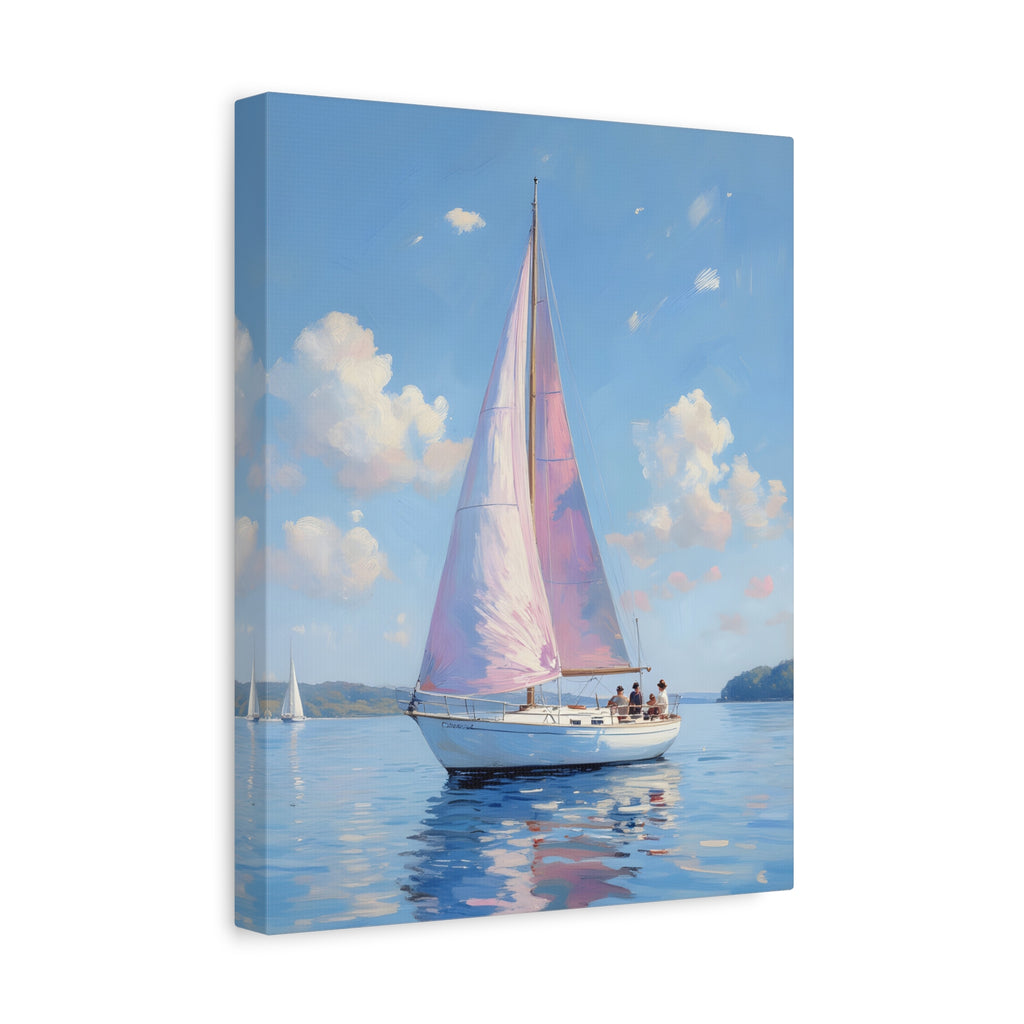 Sailing boat on calm water with pink accents Wall Art - Stretched Canvas