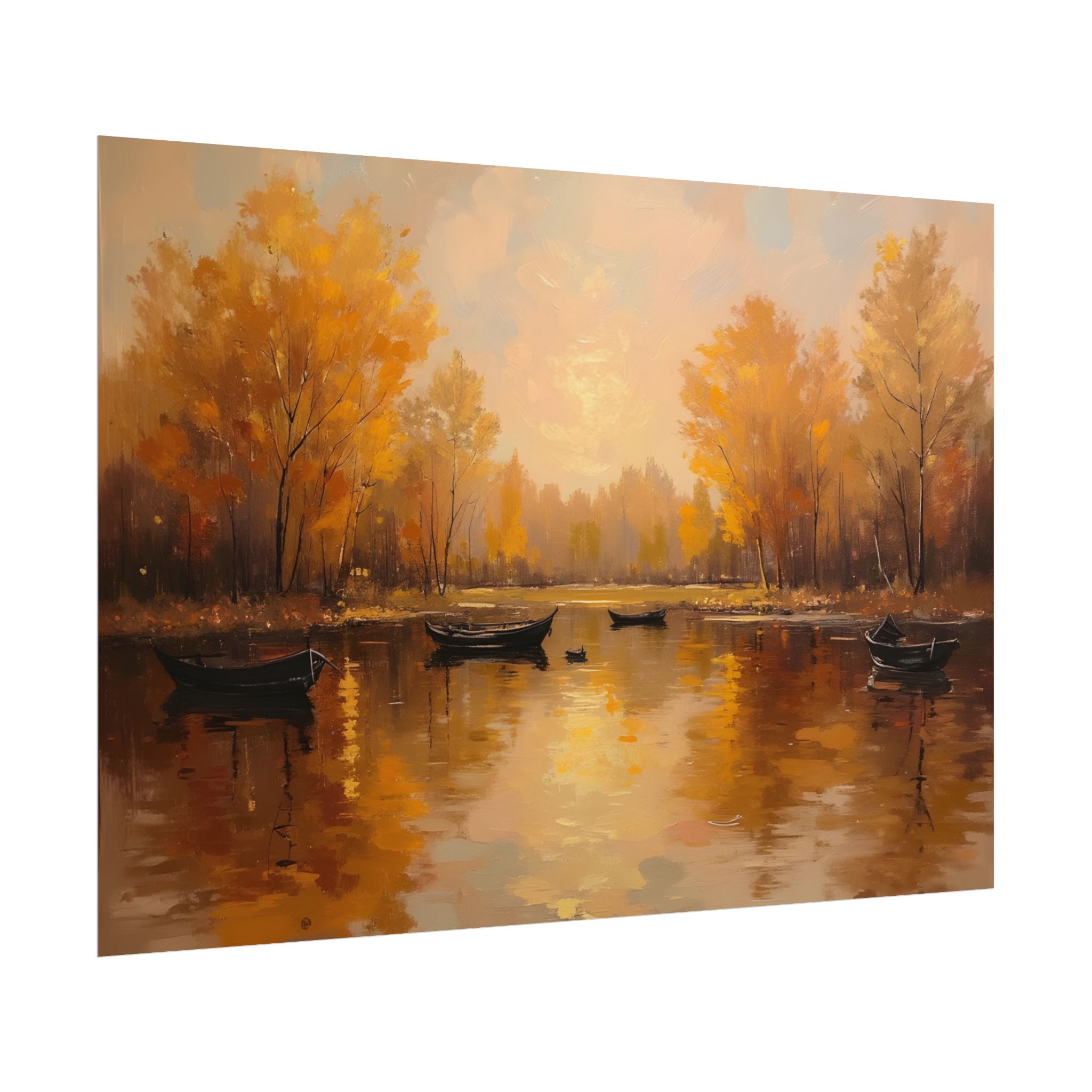 Autumn at the lake with rowboats - Poster