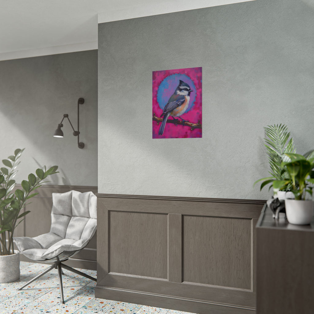 Colorful Songbird Poster — Blue Jay Art Print on Vibrant Pink Background