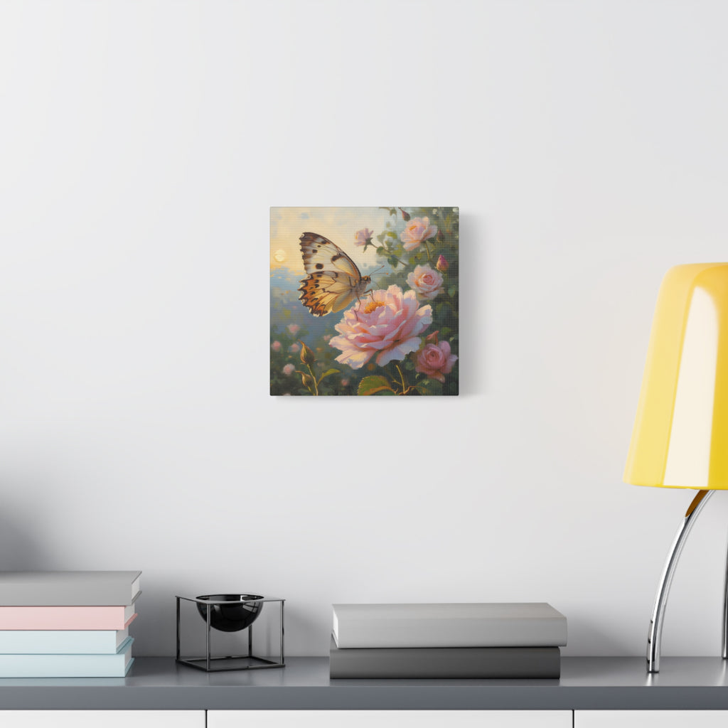 Butterfly on Pink Rose Wall Art - Stretched Canvas