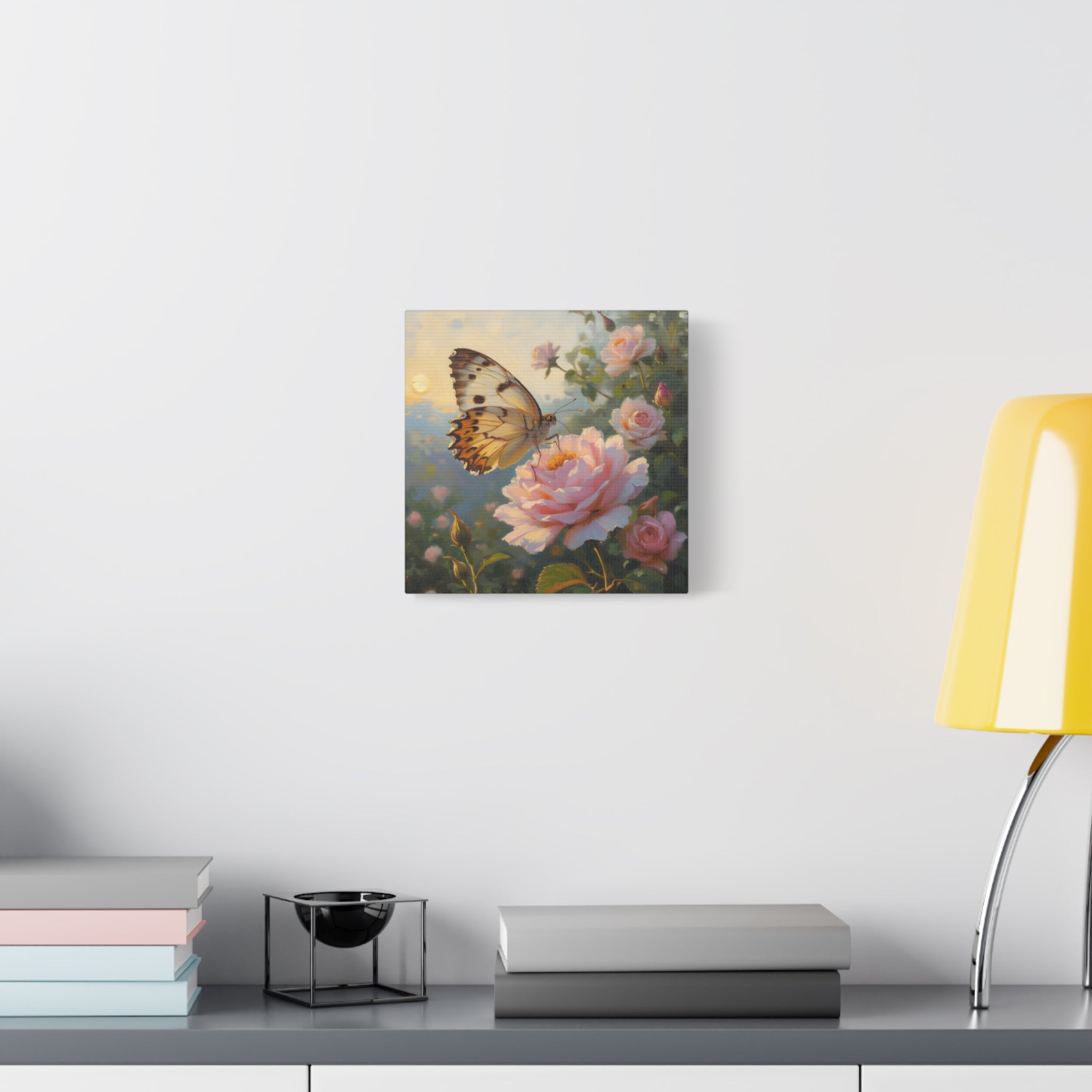 Butterfly on Pink Rose Wall Art - Stretched Canvas