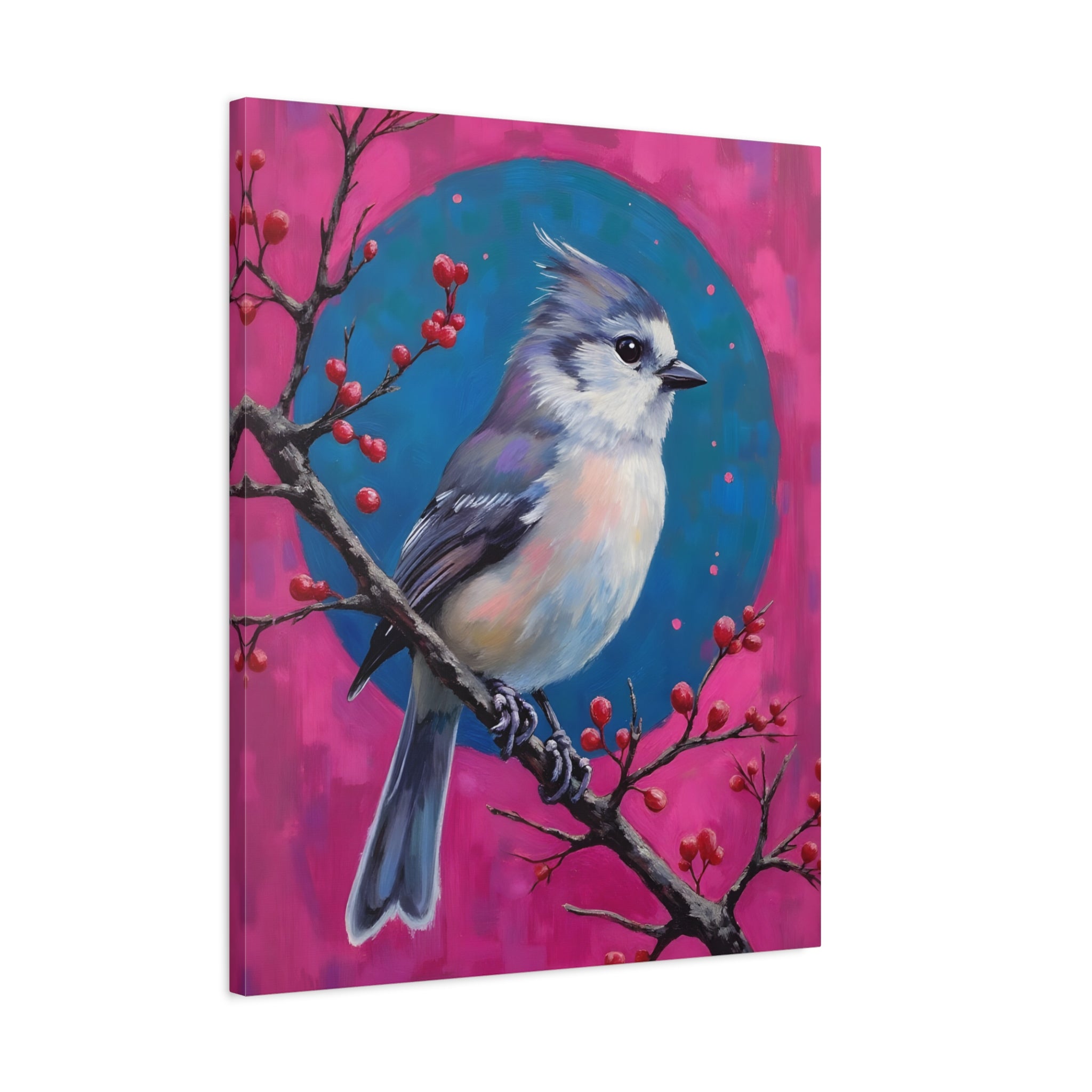 Blue jay on a holly branch Wall Art - Stretched Canvas