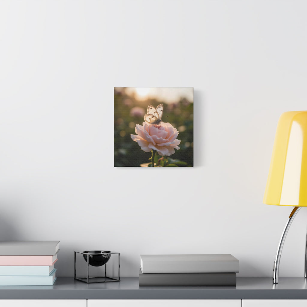 Butterfly on Pink Rose Wall Art - Stretched Canvas