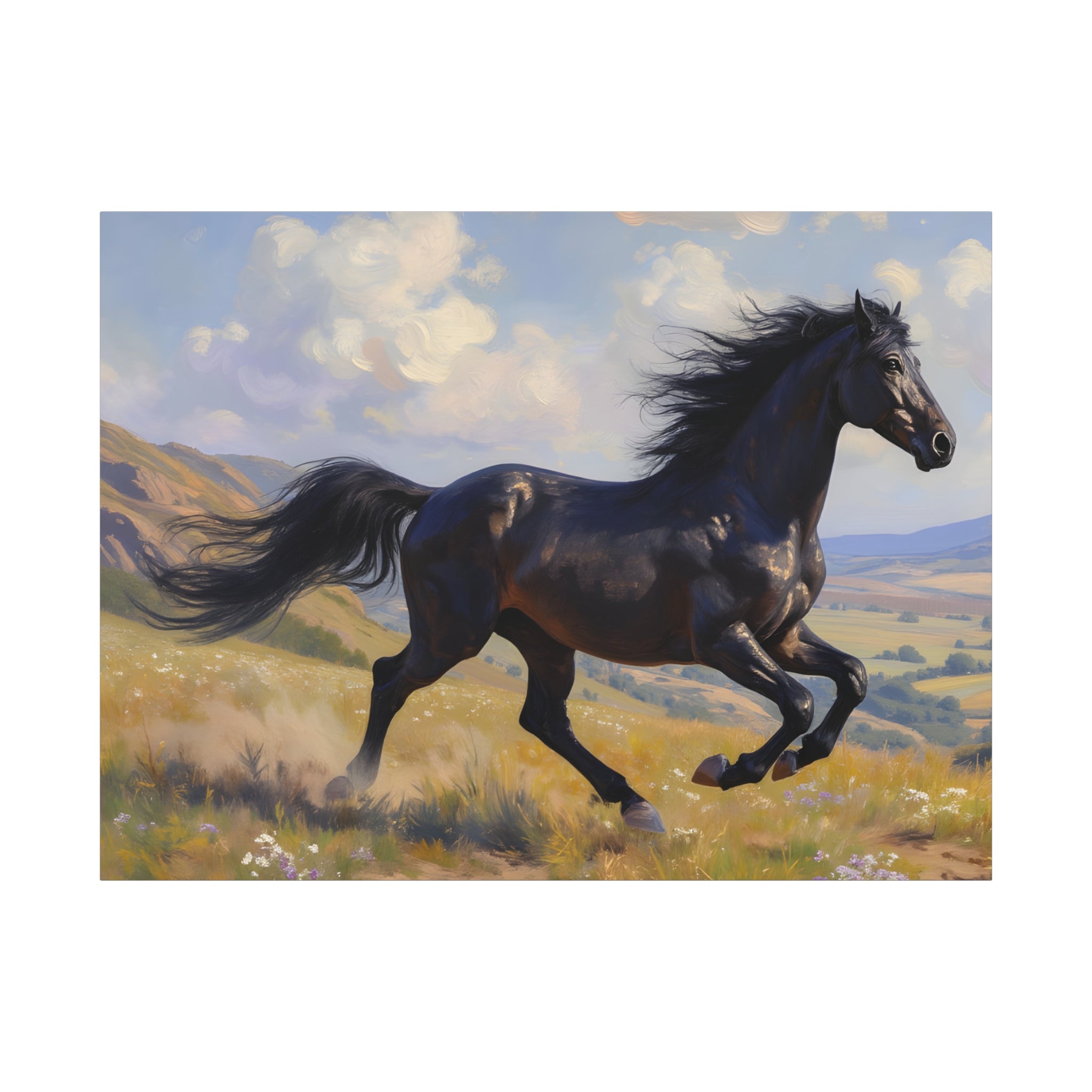 Running Black Stallion Wall Art - Horse Painting - Stretched Canvas