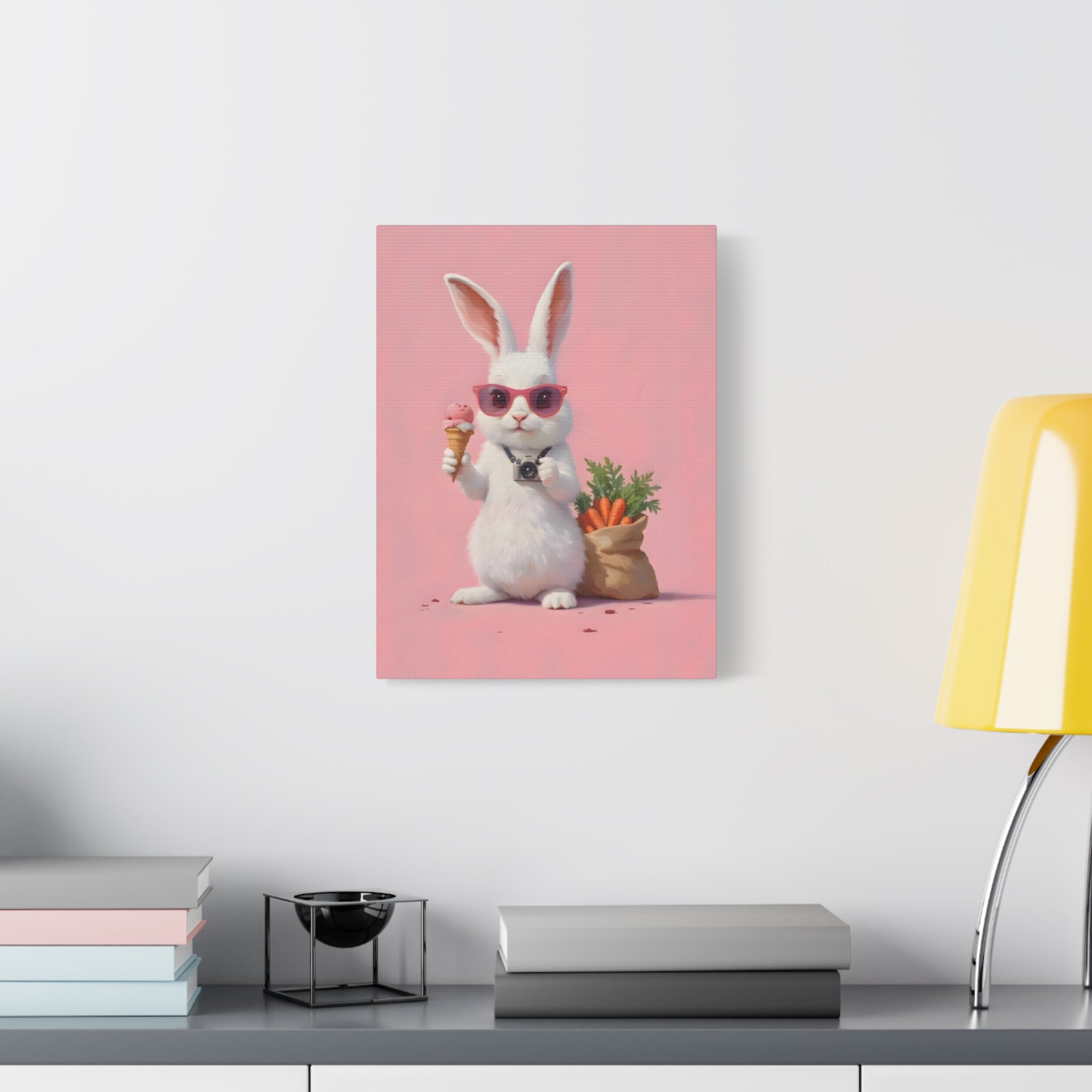 Pink Cute Bunny Canvas Wall Art — Cool Rabbit with Sunglasses, Ice Cream & Carrots (Matte Stretched)