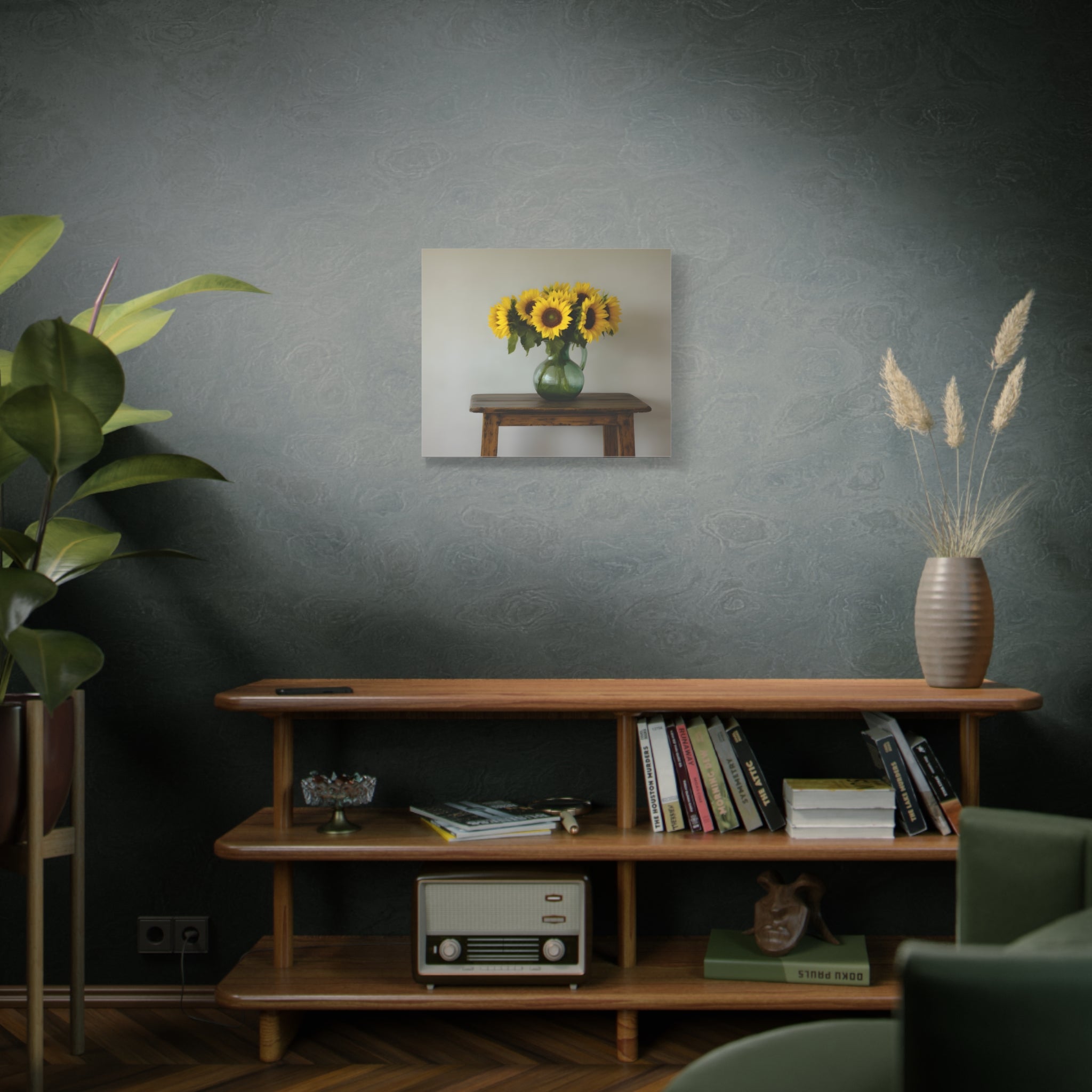 Sunflowers in Green Pitcher Wall Art - Stretched Canvas