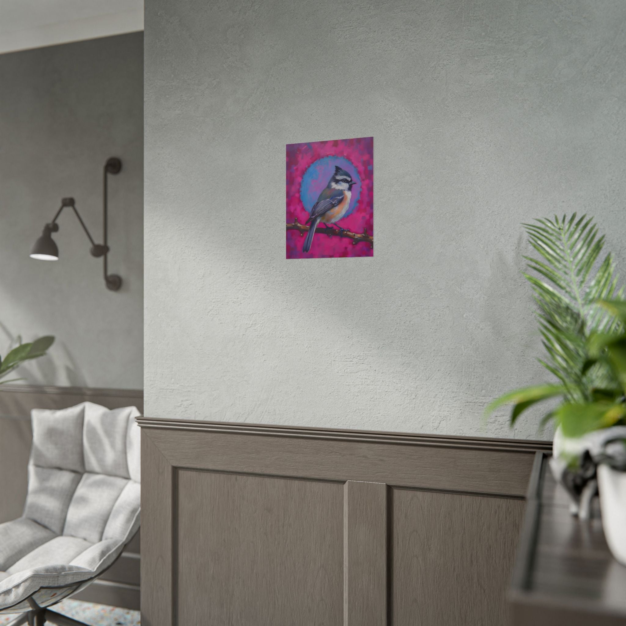 Colorful Songbird Poster — Blue Jay Art Print on Vibrant Pink Background
