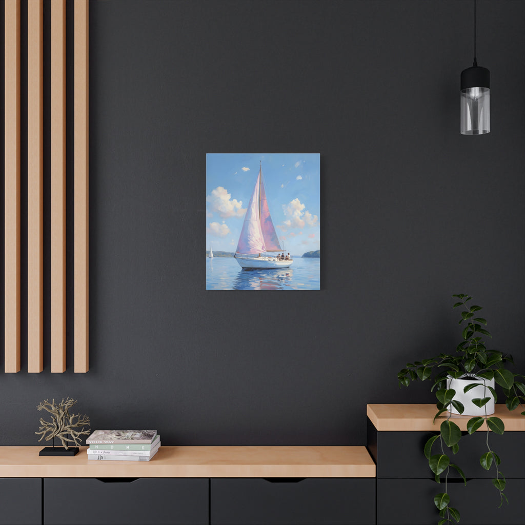 Sailing boat on calm water with pink accents Wall Art - Stretched Canvas