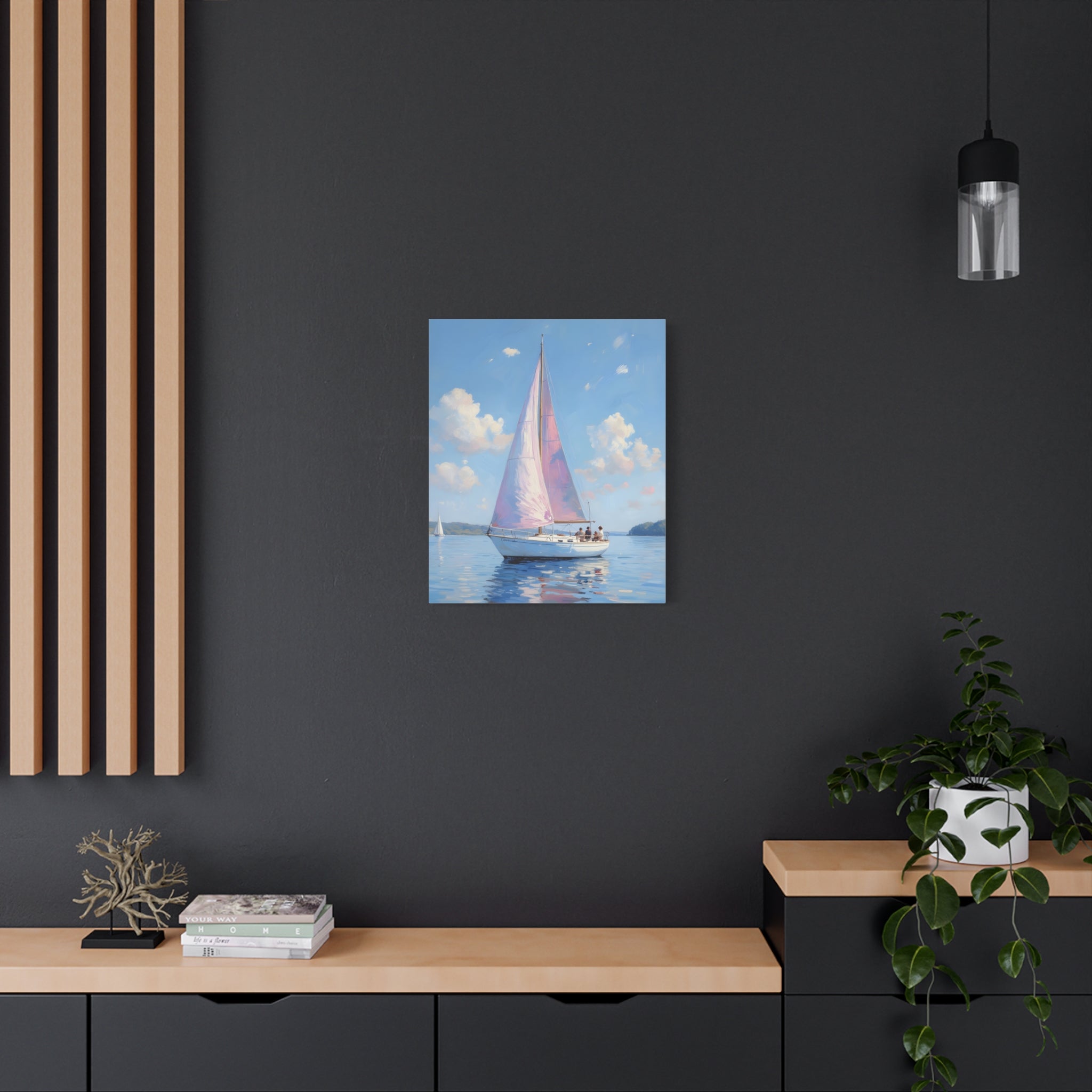 Sailing boat on calm water with pink accents Wall Art - Stretched Canvas