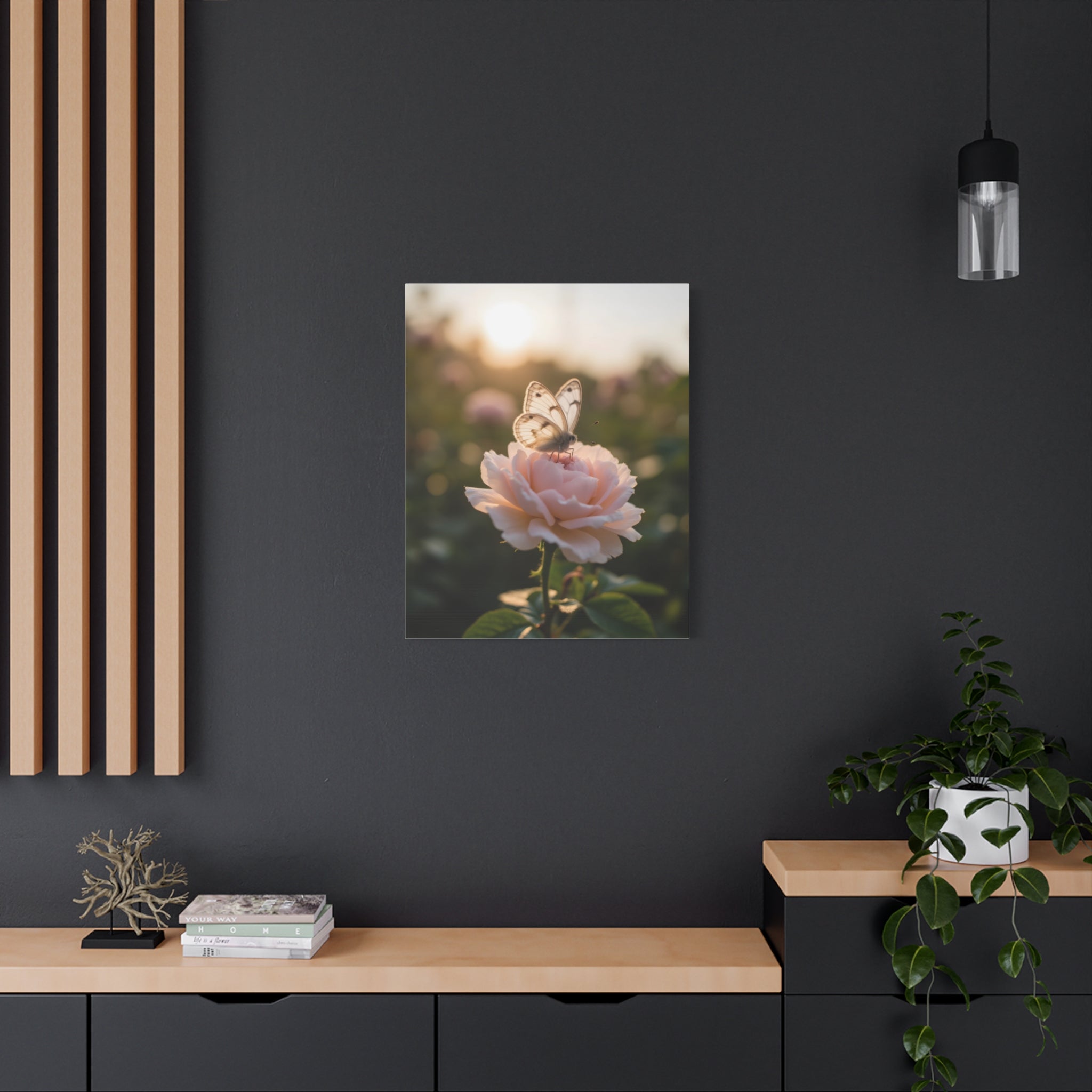 Butterfly on Pink Rose Wall Art - Stretched Canvas