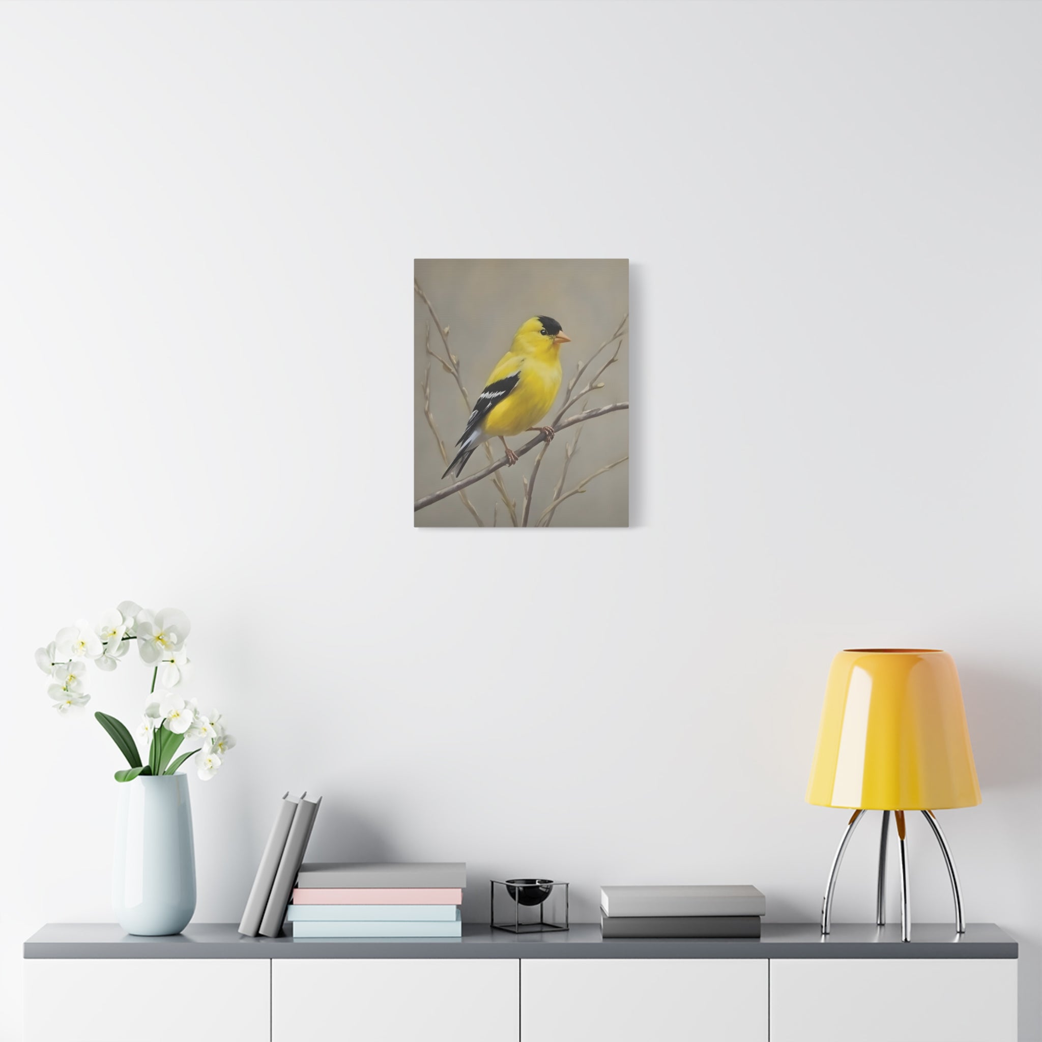 Putter Muurkunst Canvas — Gele Zangvogel Schilderij op Tak, Mat Gespannen Canvas