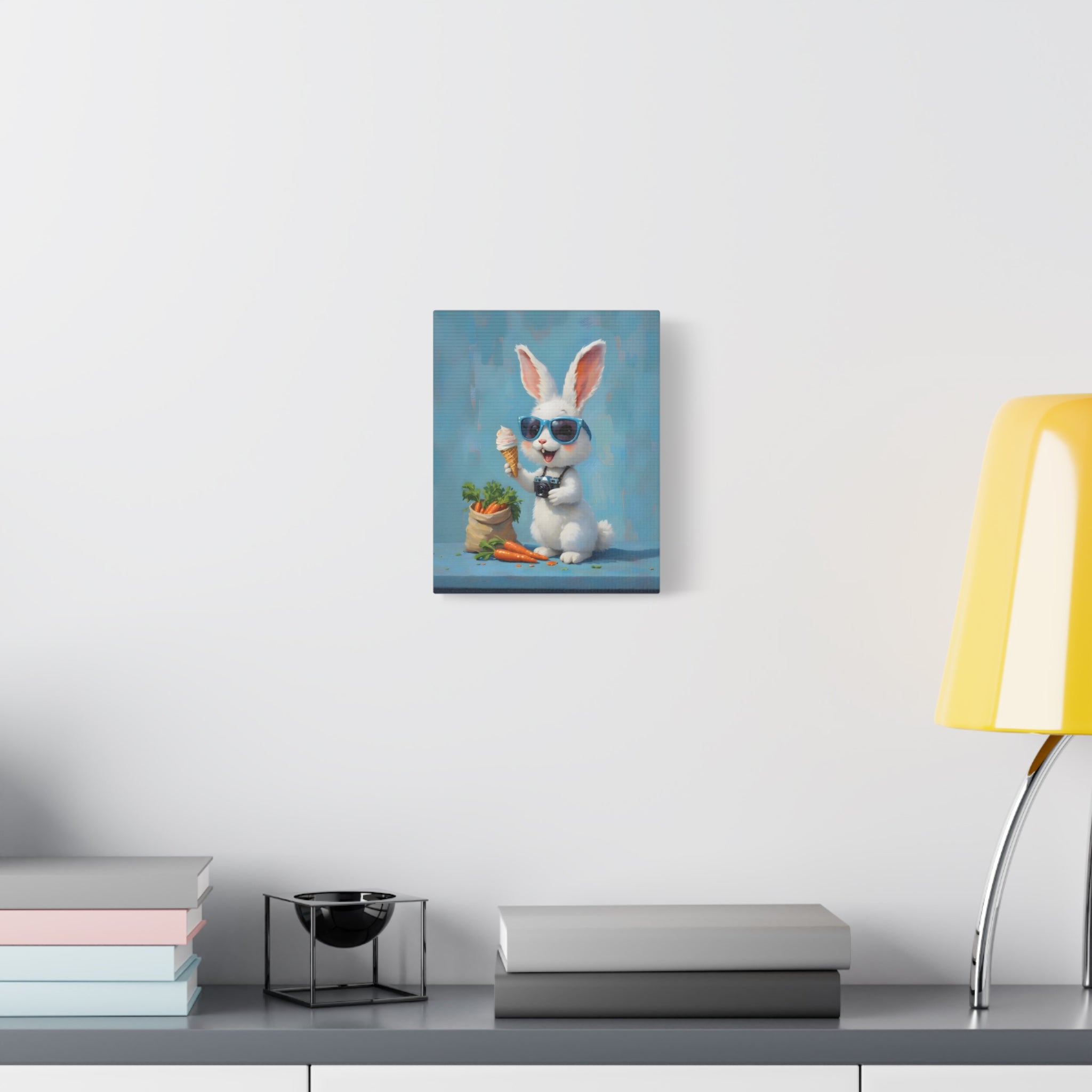 Blue Bunny Canvas Print — Cute Rabbit with Sunglasses & Ice Cream Matte Wall Art