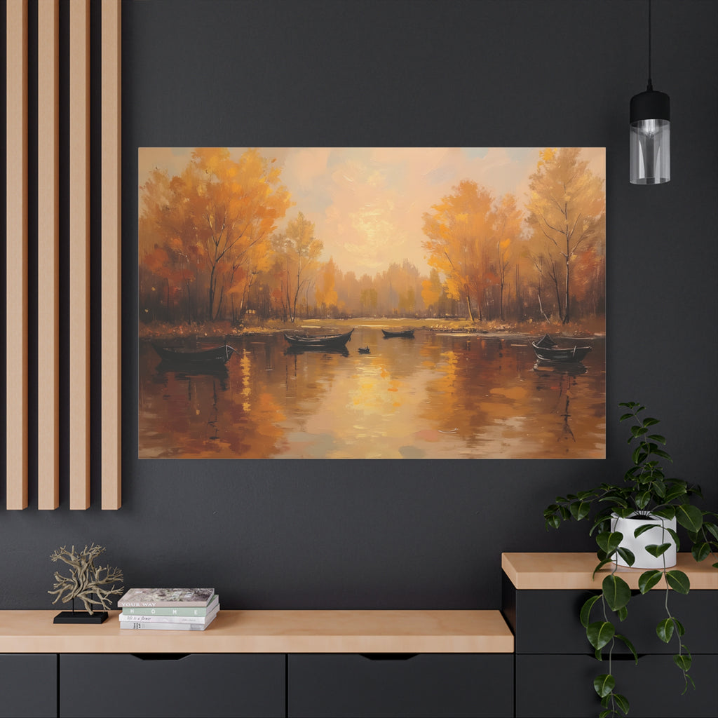 Autumn at the lake with rowboats Wall Art - Stretched Canvas