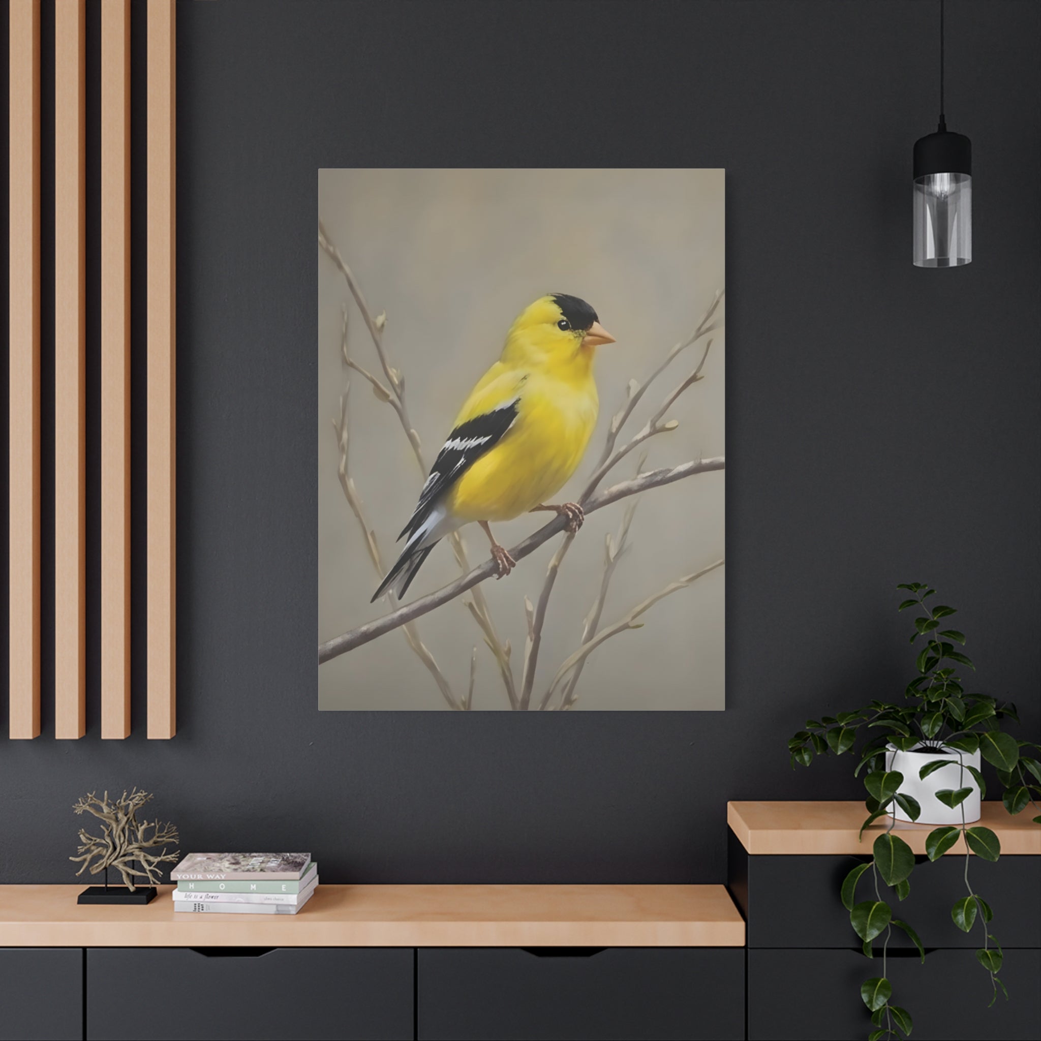 Putter Muurkunst Canvas — Gele Zangvogel Schilderij op Tak, Mat Gespannen Canvas