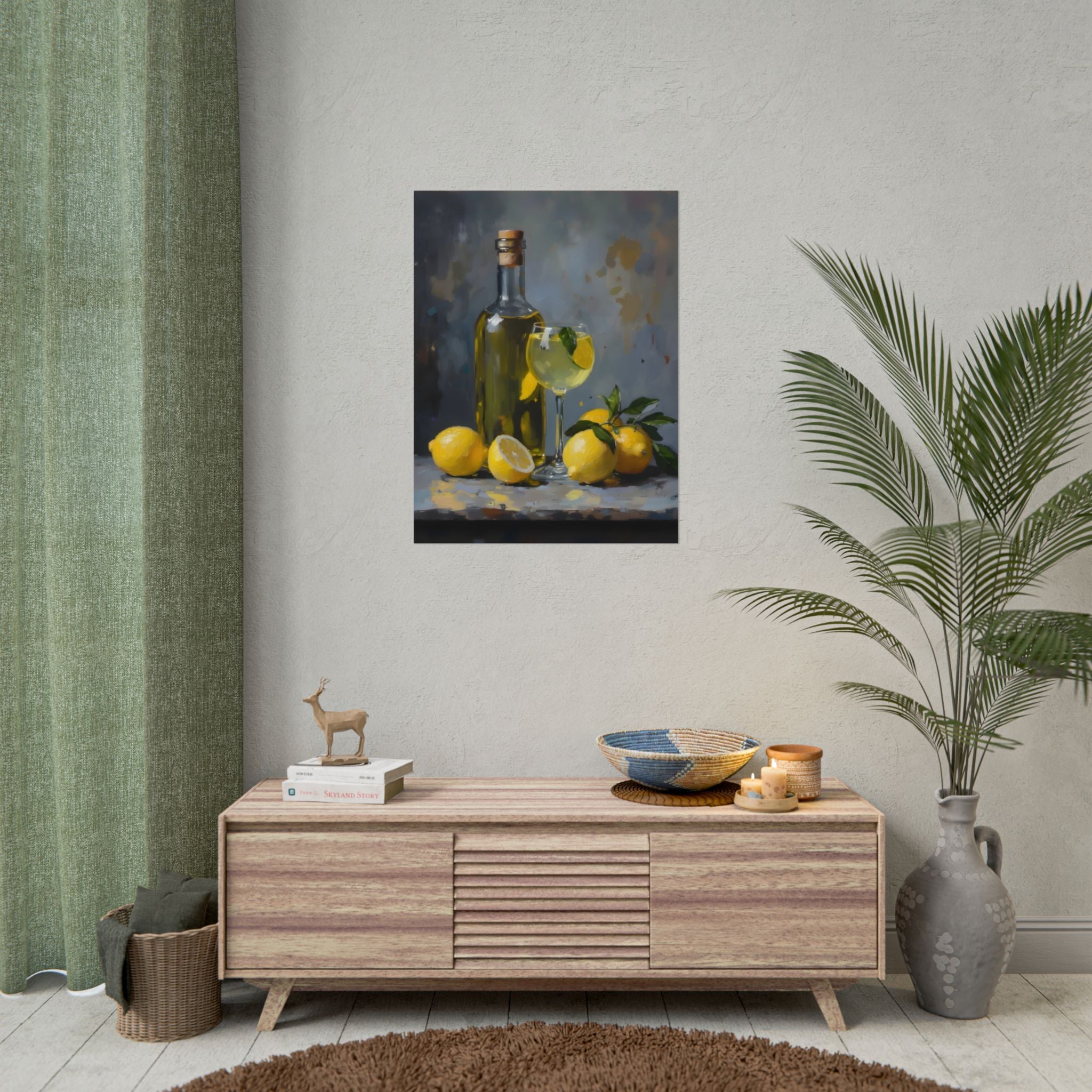 Limoncello met citroenen stilleven opgerolde poster – Citrusfles kunstafdruk
