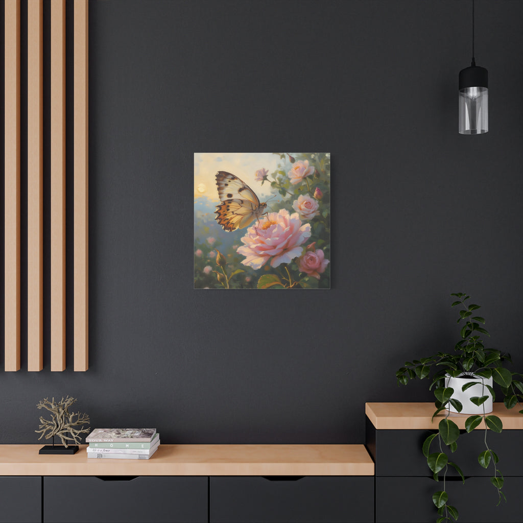 Butterfly on Pink Rose Wall Art - Stretched Canvas
