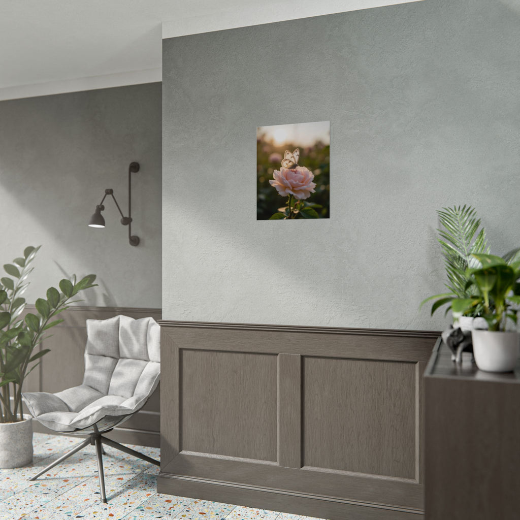 Butterfly on Pink Rose Wall Art - Poster