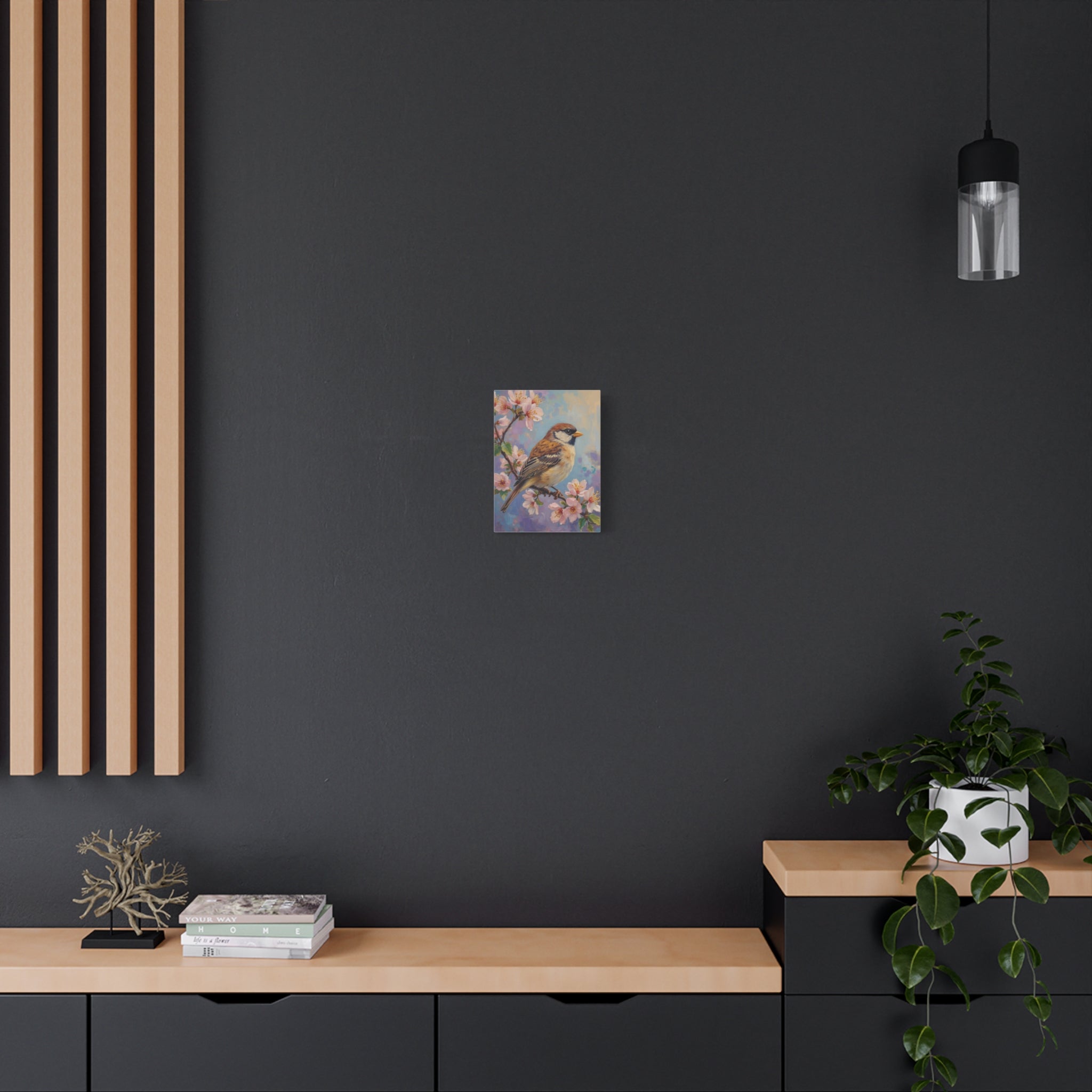 Sparrow on Cherry Blossoms Matte Stretched Canvas