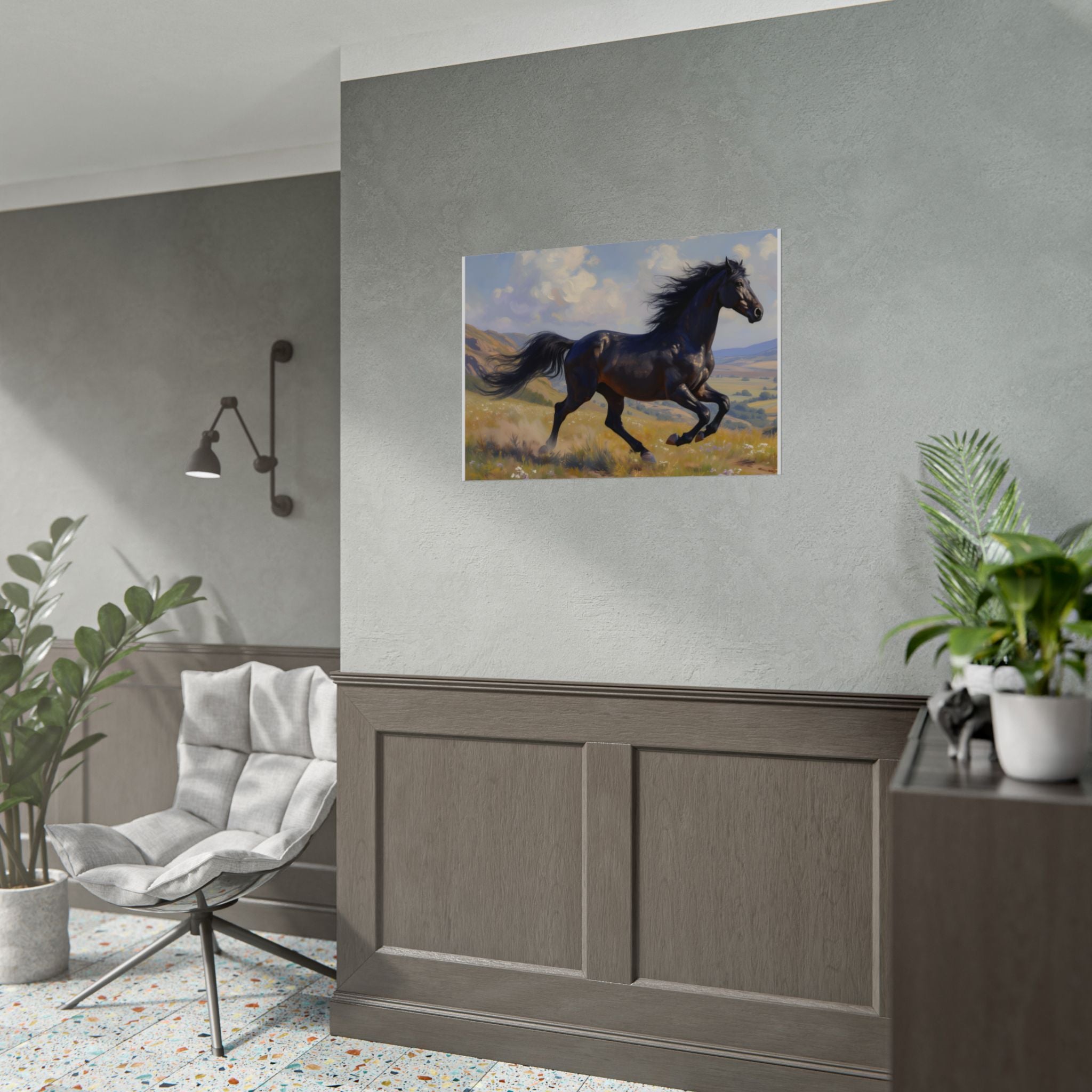 Running Black Stallion Wall Art - Horse Painting - Poster