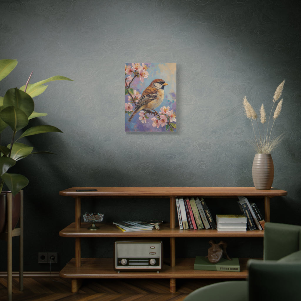 Sparrow on Cherry Blossoms Matte Stretched Canvas