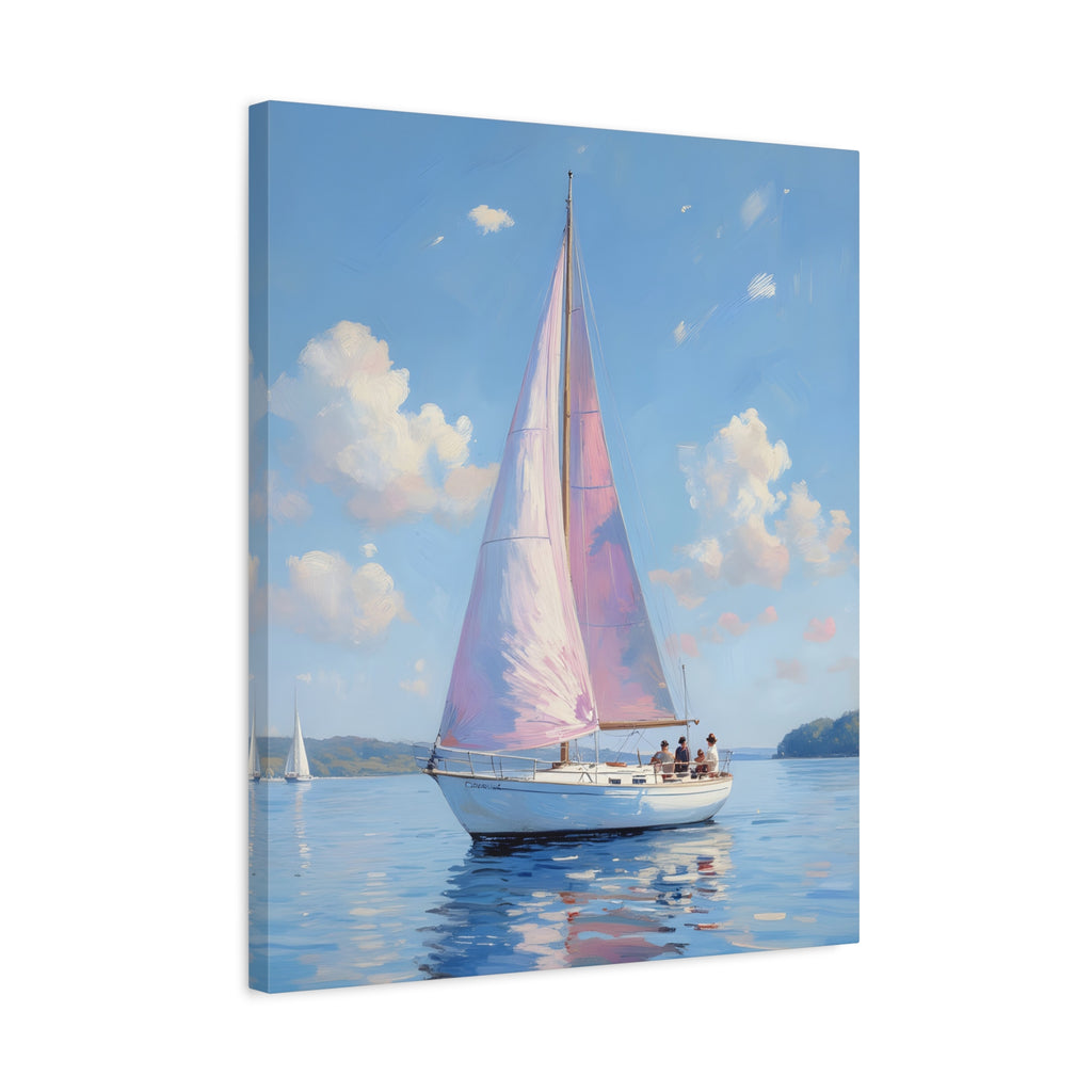 Sailing boat on calm water with pink accents Wall Art - Stretched Canvas