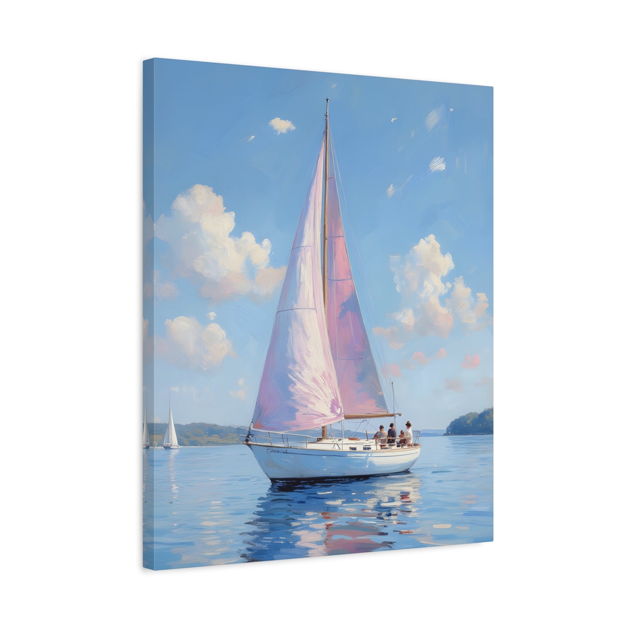 Sailing boat on calm water with pink accents Wall Art - Stretched Canvas