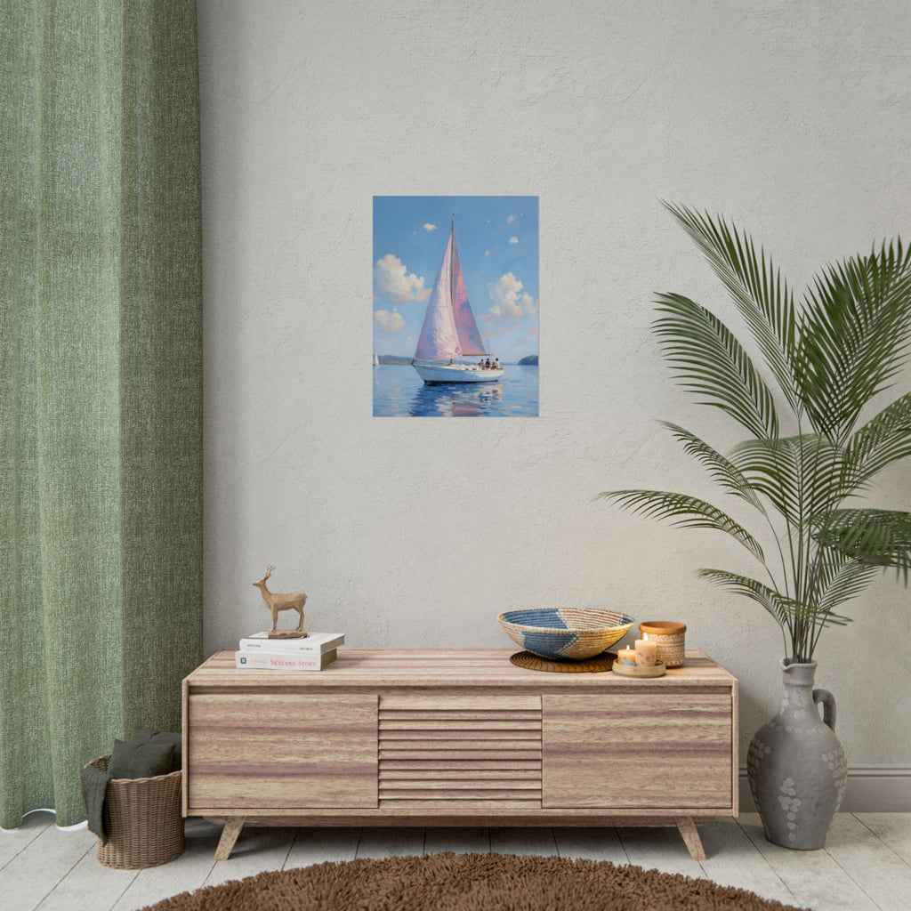 Sailing boat on calm water with pink accents - Poster