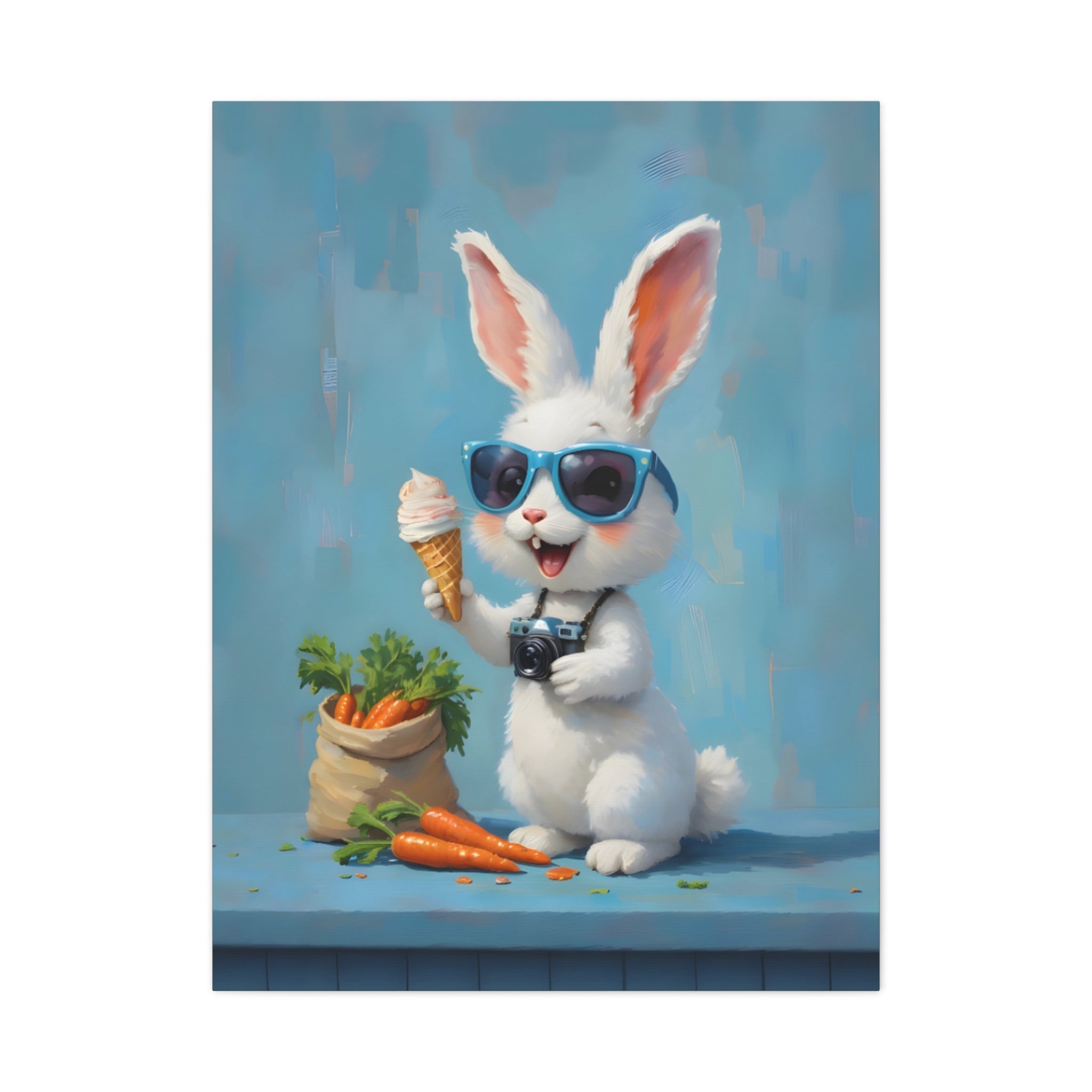 Blue Bunny Canvas Print — Cute Rabbit with Sunglasses & Ice Cream Matte Wall Art