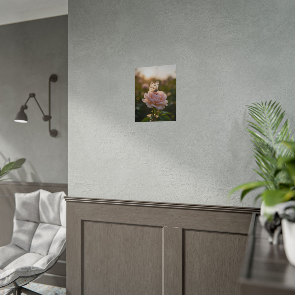 Butterfly on Pink Rose Wall Art - Poster