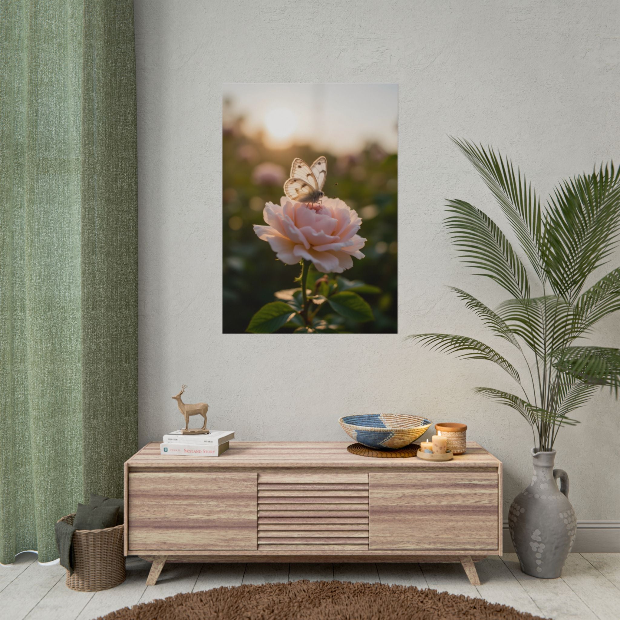 Butterfly on Pink Rose Wall Art - Poster