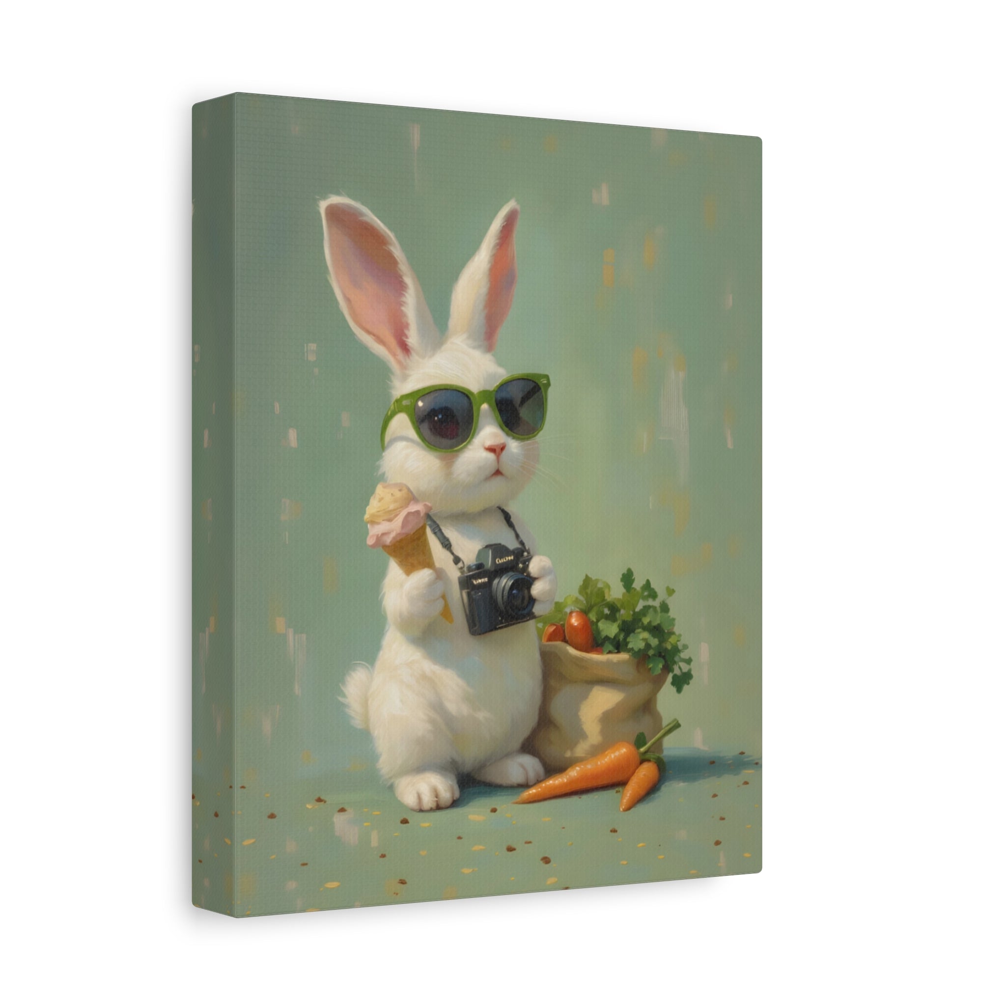 Green Bunny Canvas Wall Art — Photographer Bunny with Carrots & Ice Cream