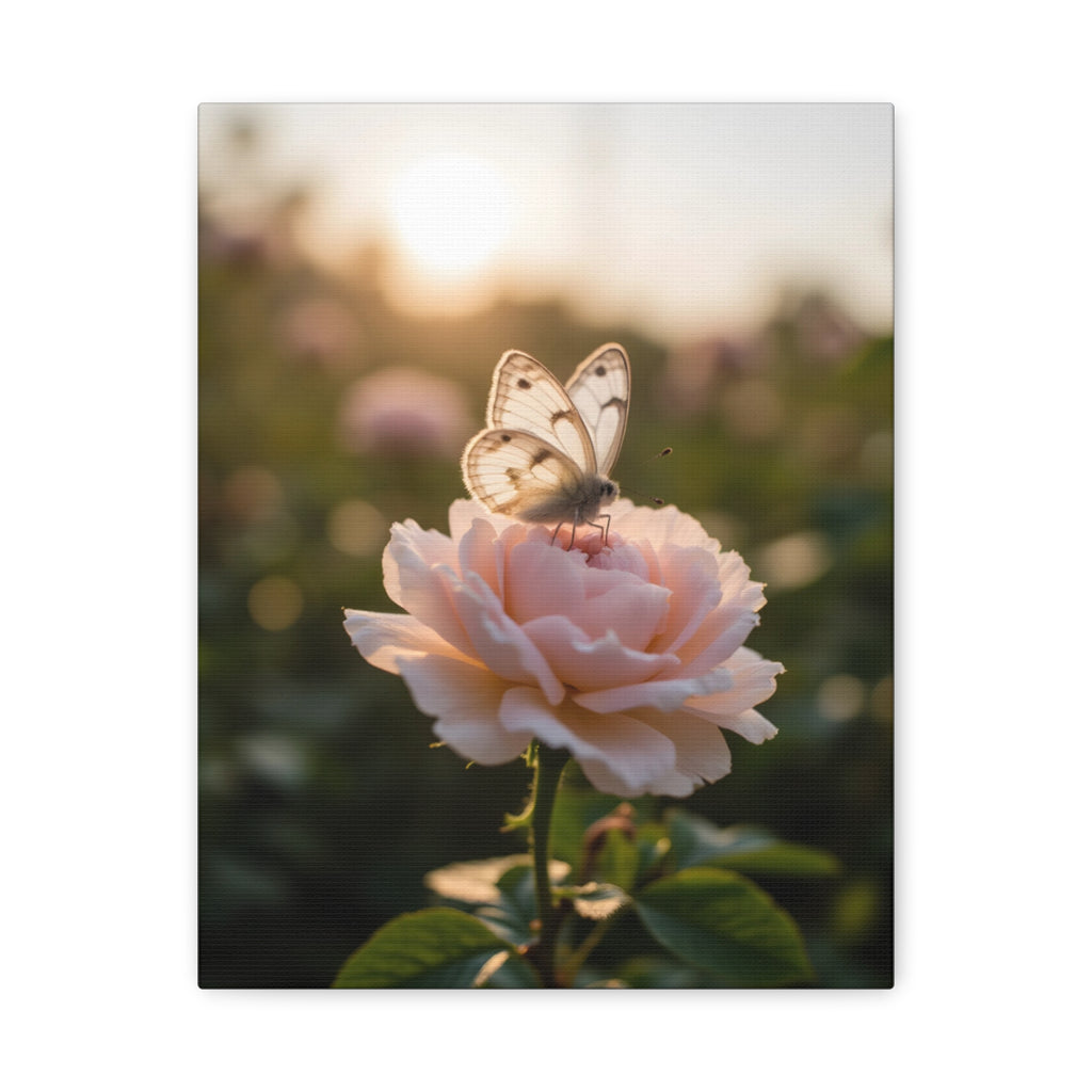 Butterfly on Pink Rose Wall Art - Stretched Canvas
