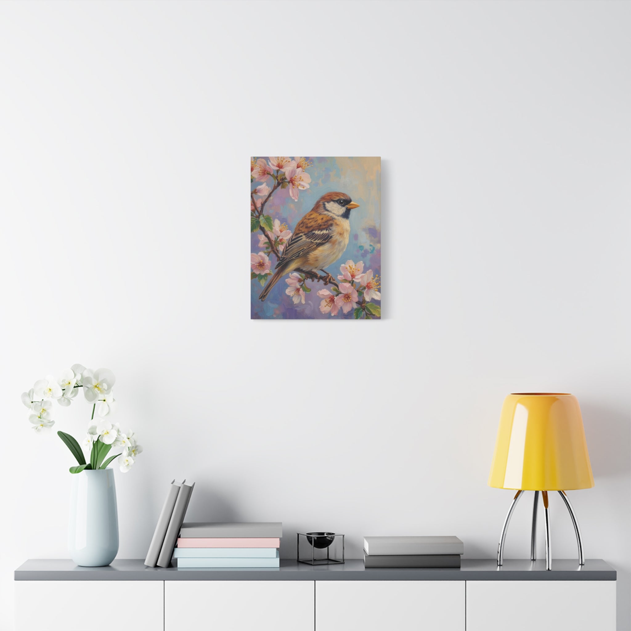 Sparrow on Cherry Blossoms Matte Stretched Canvas