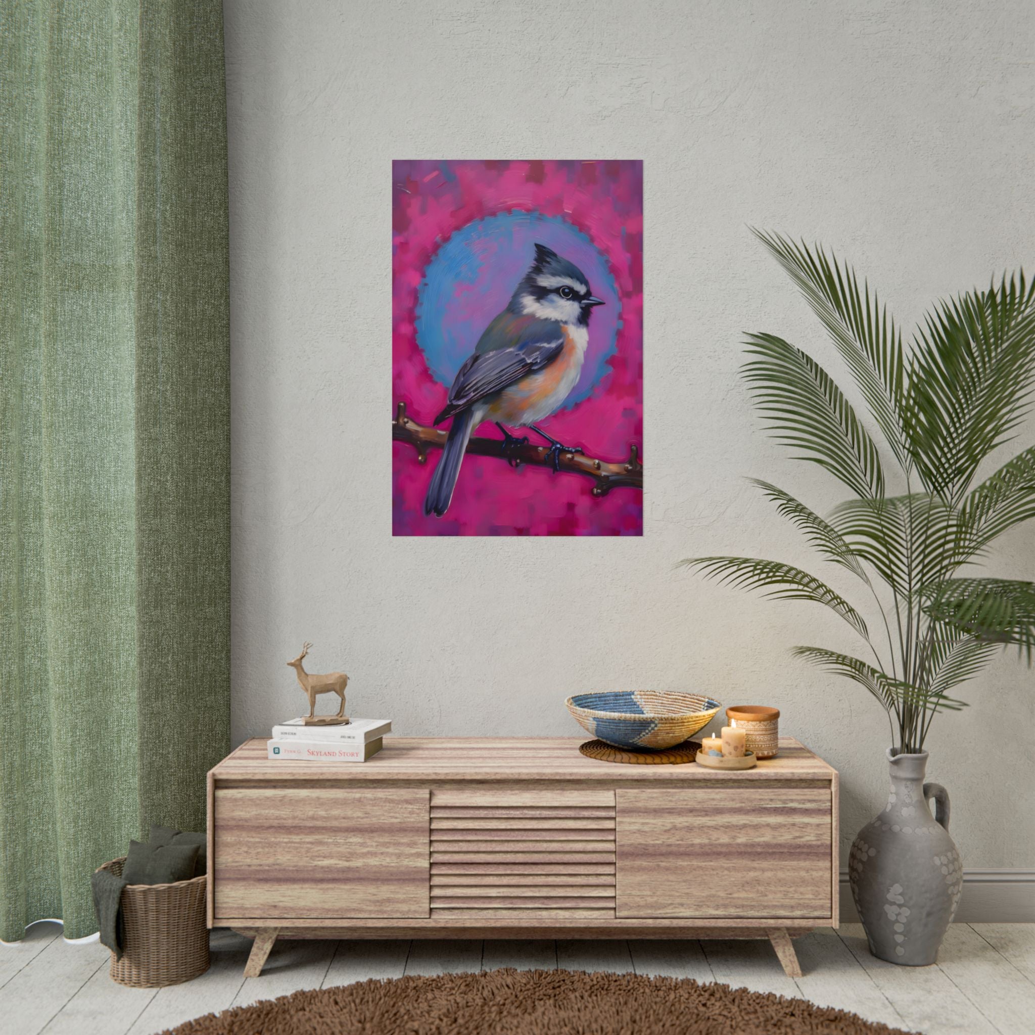 Kleurrijke Zangvogel Poster — Blauwe Gaai Kunstprint op Levendige Roze Achtergrond