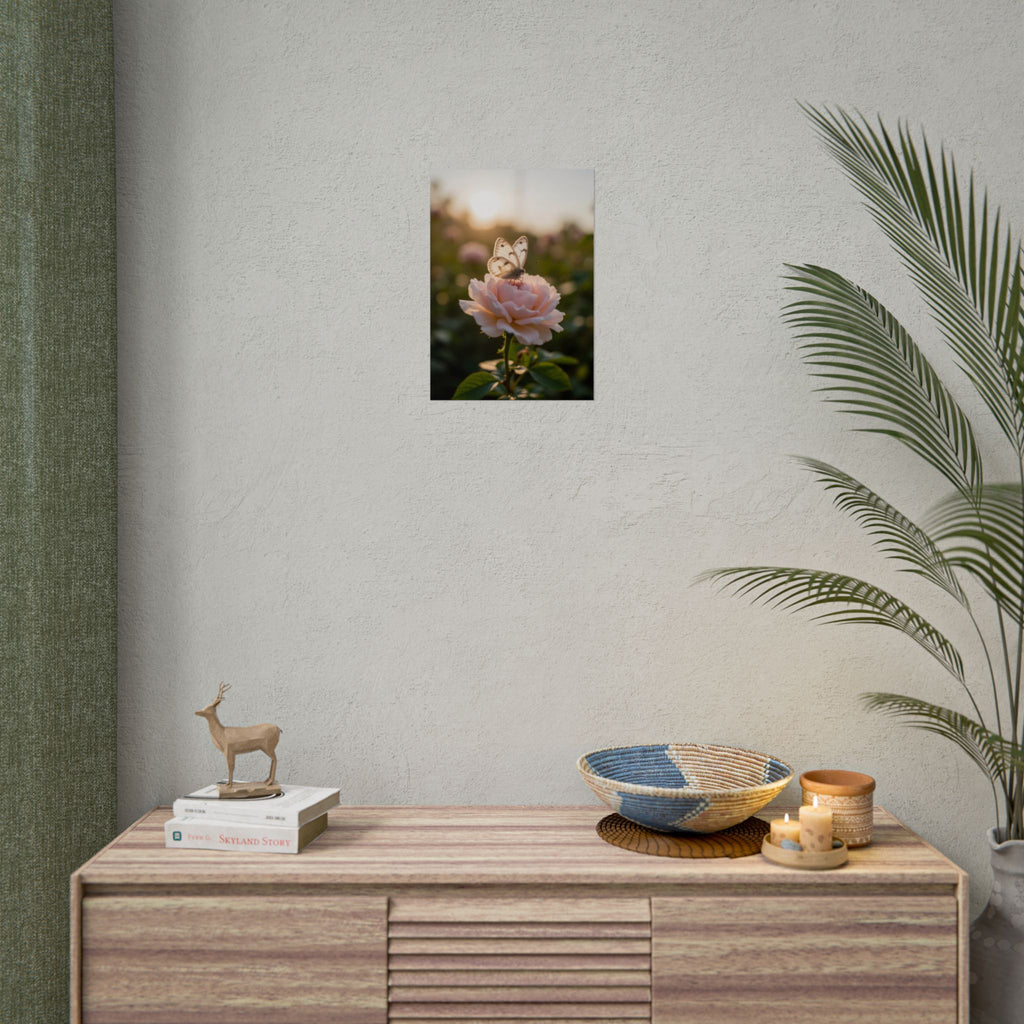 Butterfly on Pink Rose Wall Art - Poster
