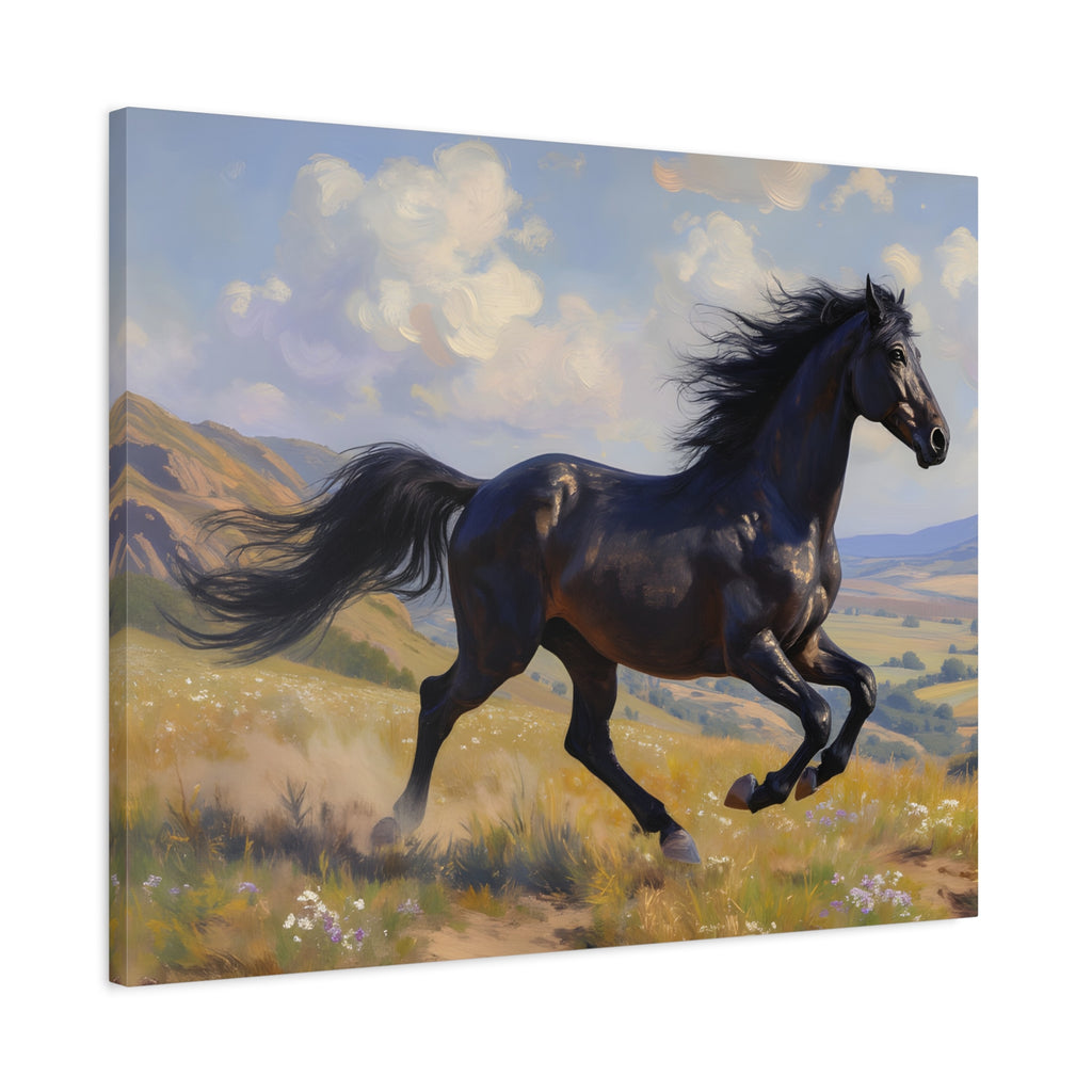 Running Black Stallion Wall Art - Horse Painting - Stretched Canvas
