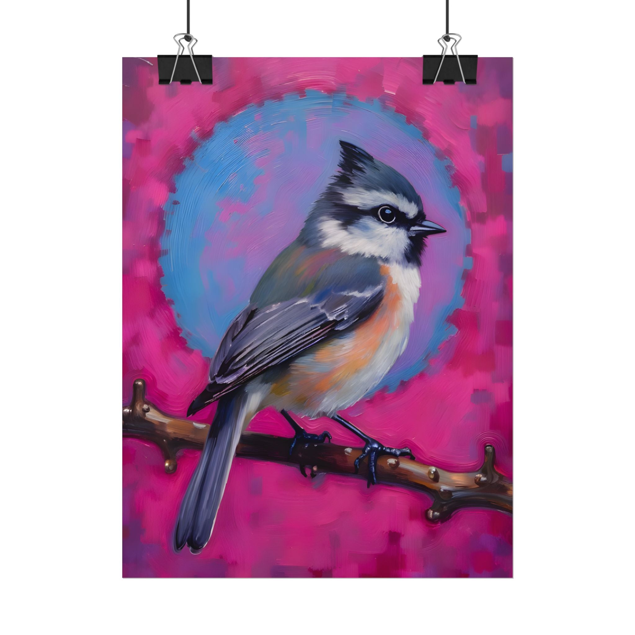 Kleurrijke Zangvogel Poster — Blauwe Gaai Kunstprint op Levendige Roze Achtergrond