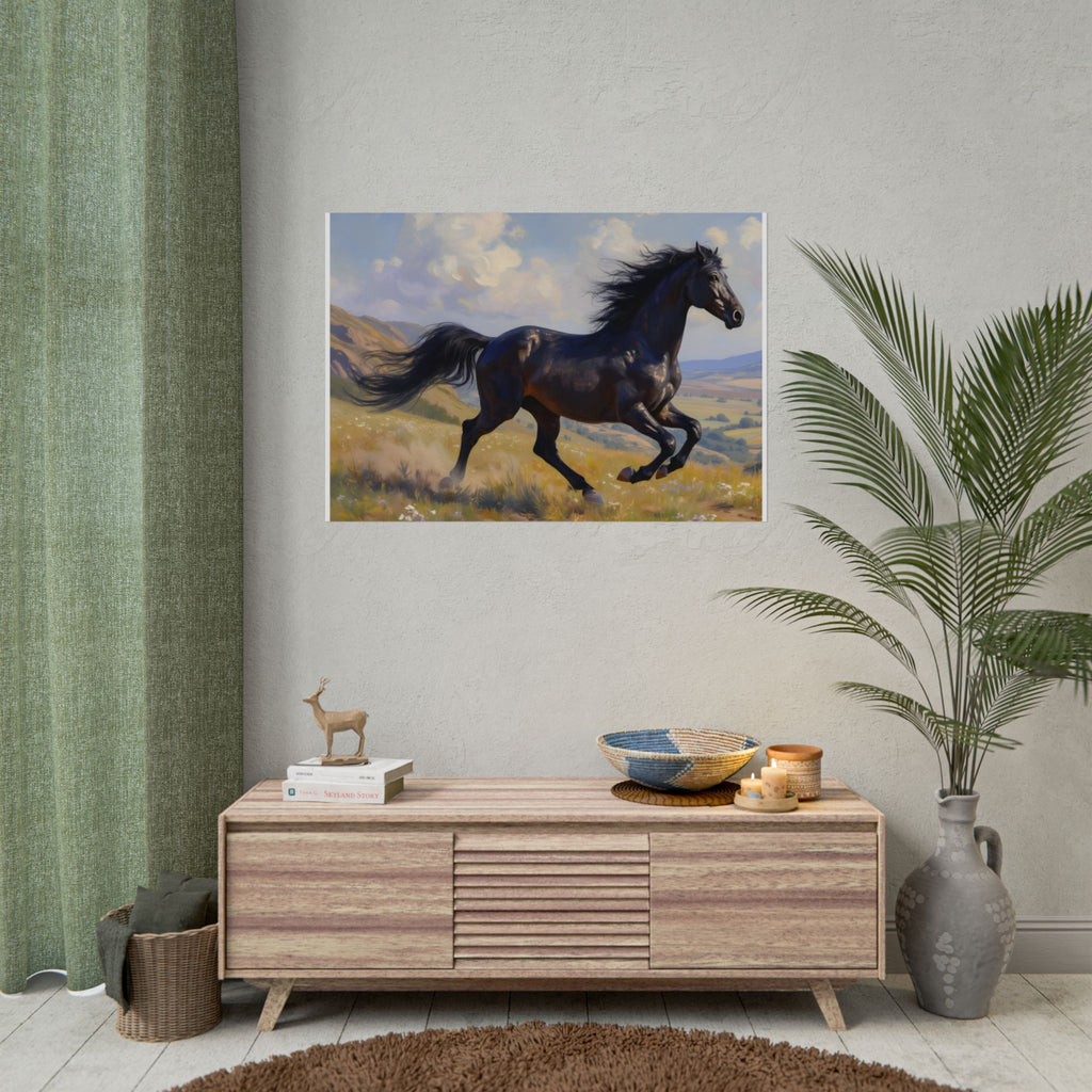 Running Black Stallion Wall Art - Horse Painting - Poster
