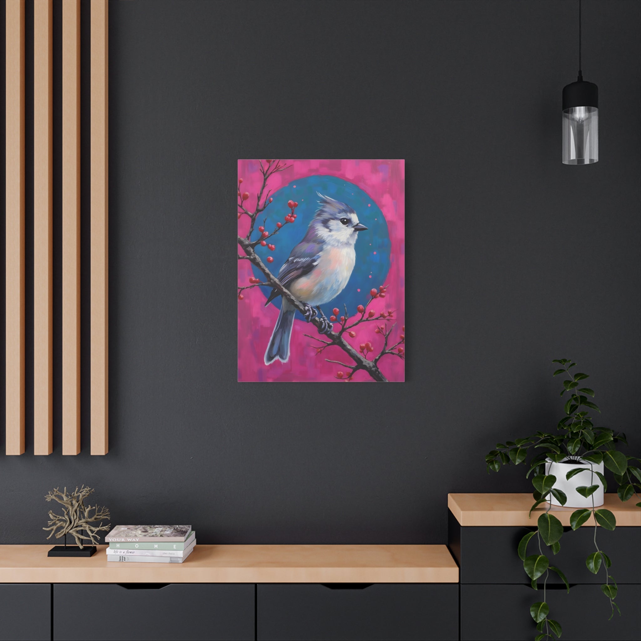 Blue jay on a holly branch Wall Art - Stretched Canvas