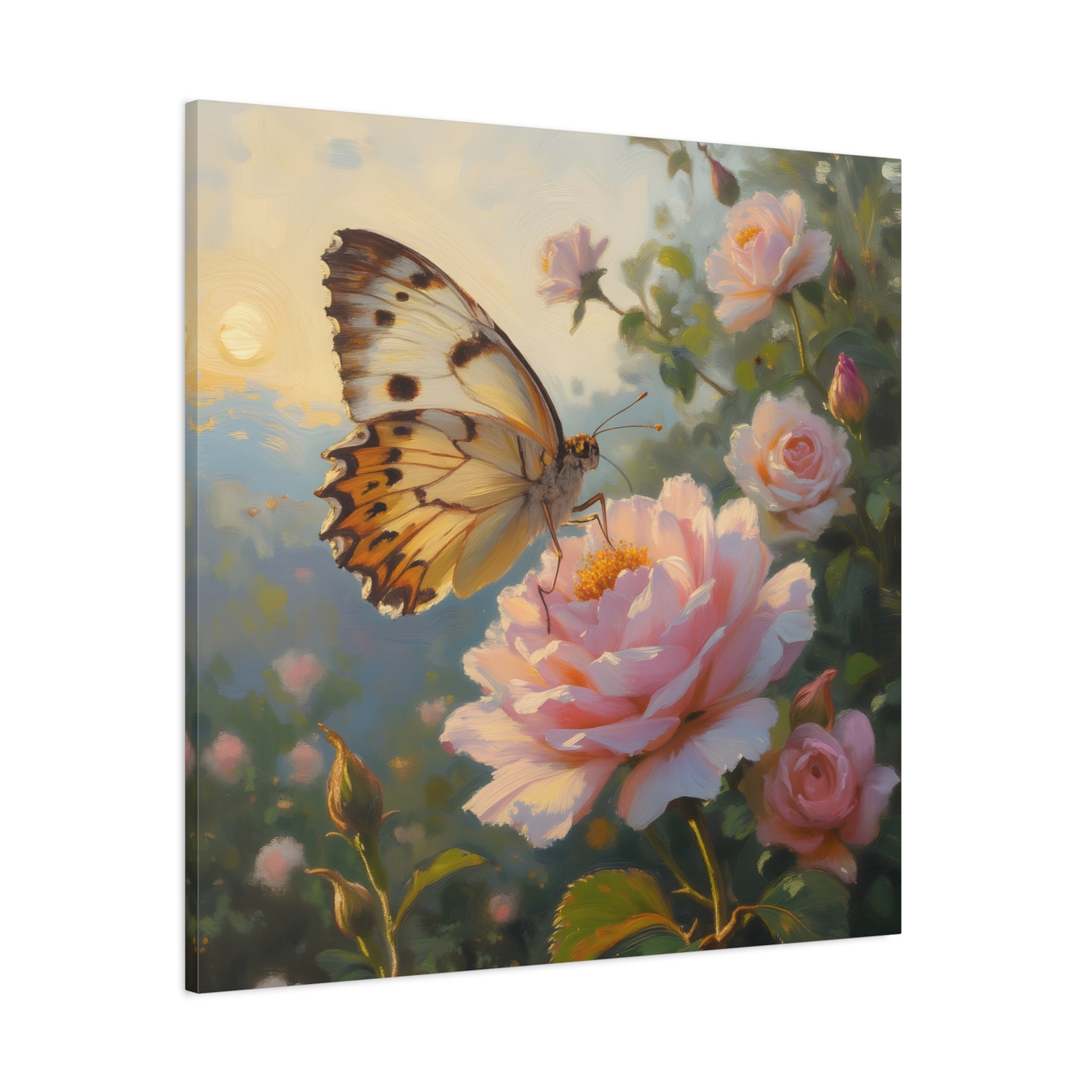 Butterfly on Pink Rose Wall Art - Stretched Canvas