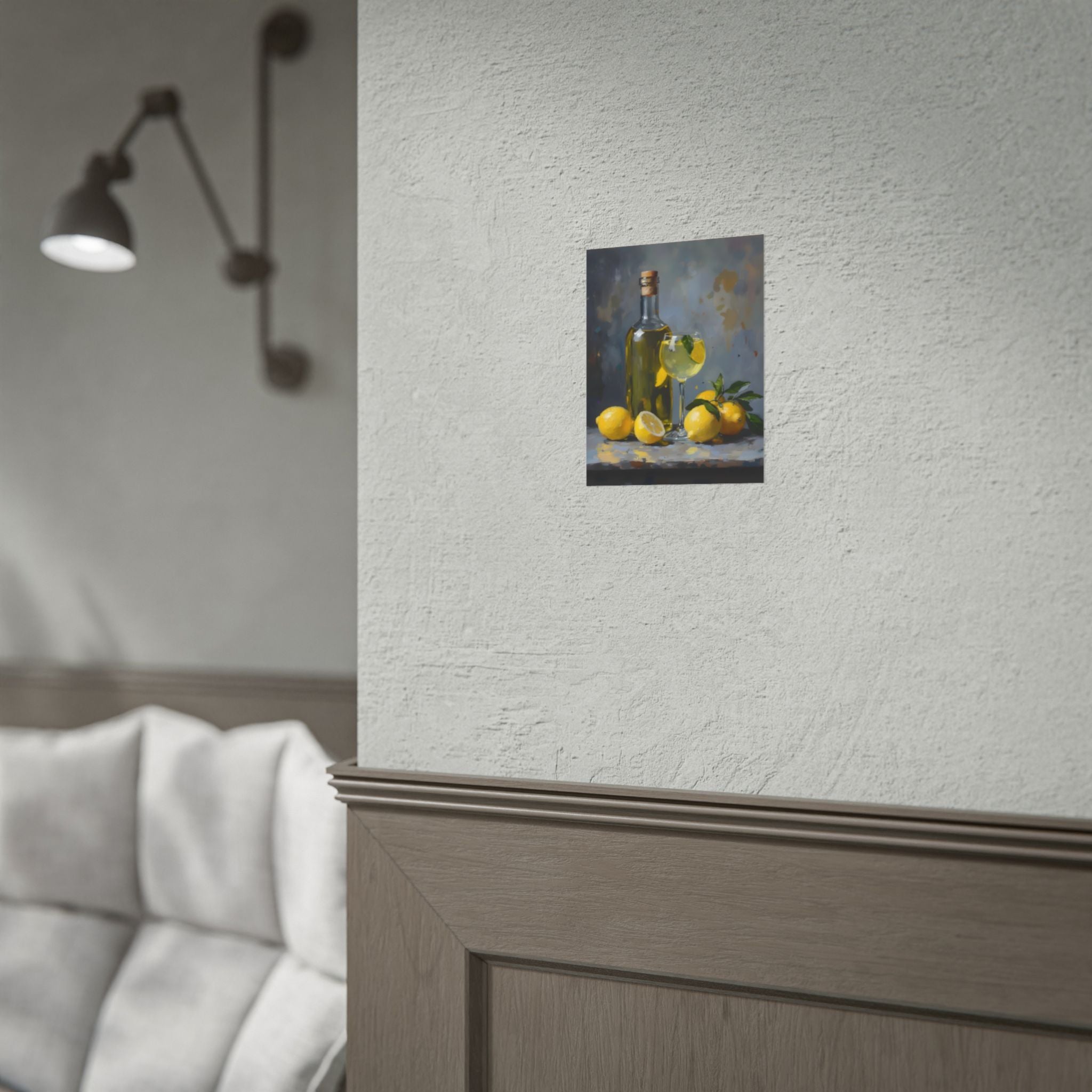 Limoncello met citroenen stilleven opgerolde poster – Citrusfles kunstafdruk